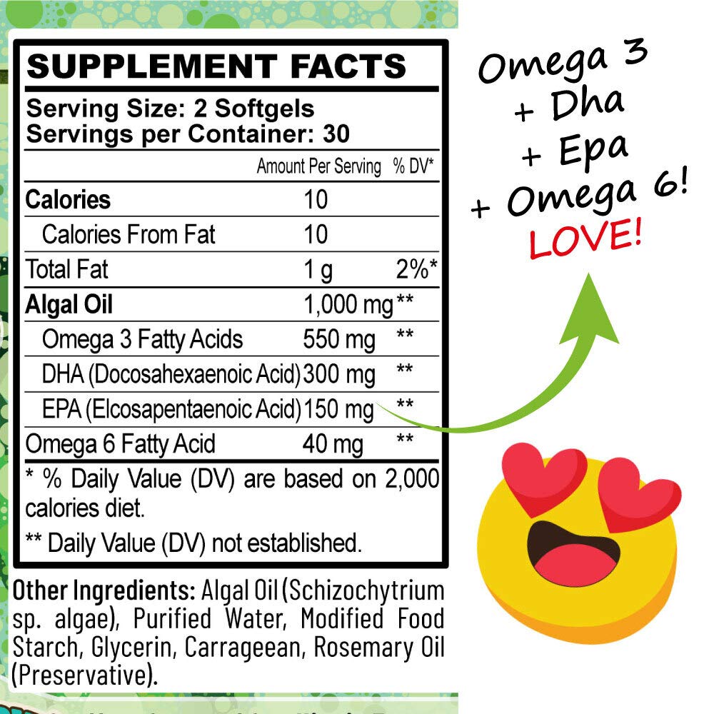 Hippie Farms Vegan Omega-3 Algae Oil with DHA EPA Capsules, 60 Count