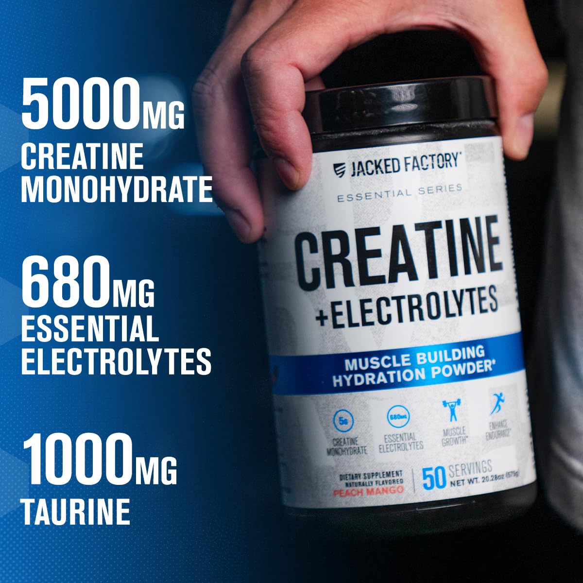 Jacked Factory Creatine Monohydrate + Electrolytes Powder, 50 Servings