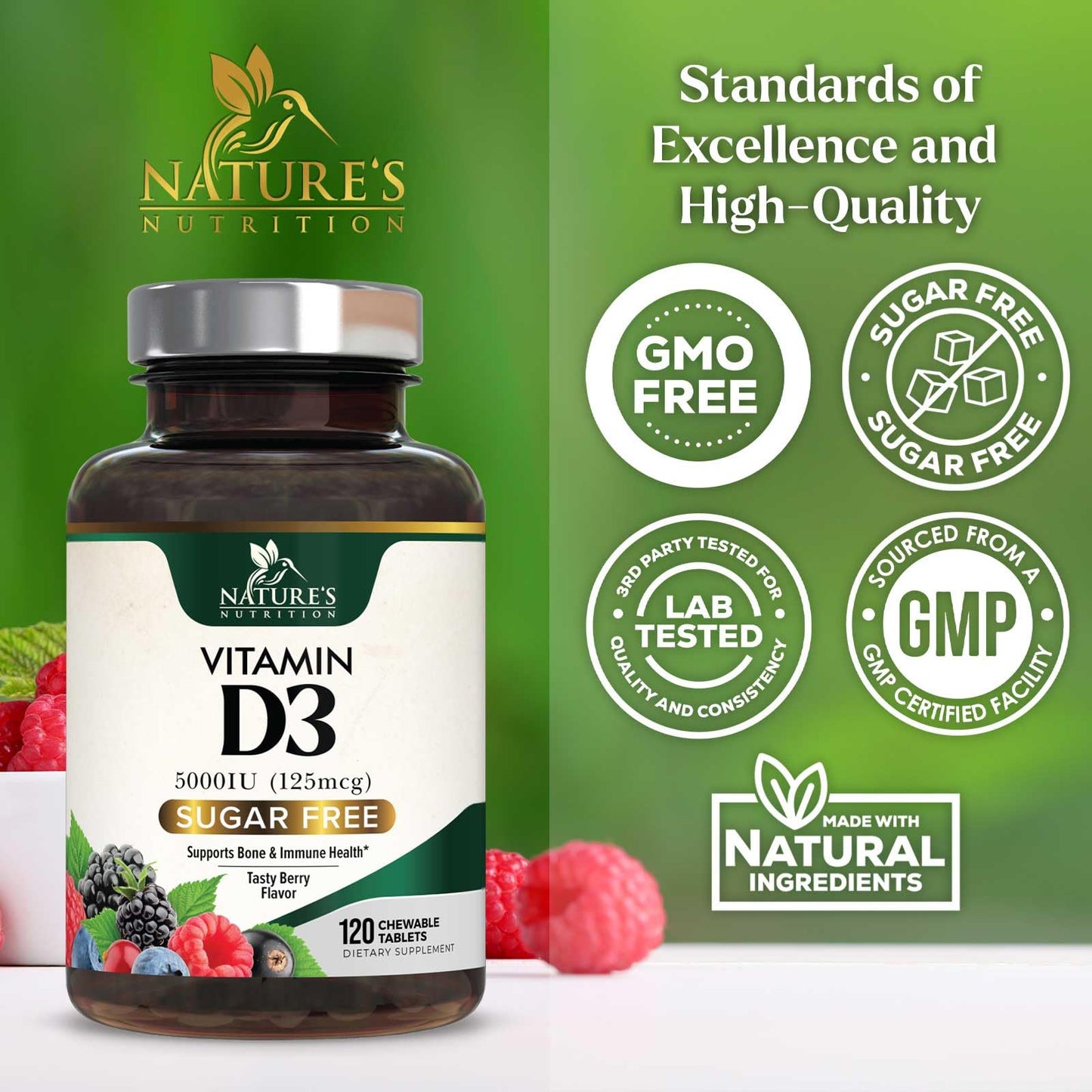 Nature's Nutrition Vitamin D3 5000 IU (125 mcg) Chewable, 120 Count