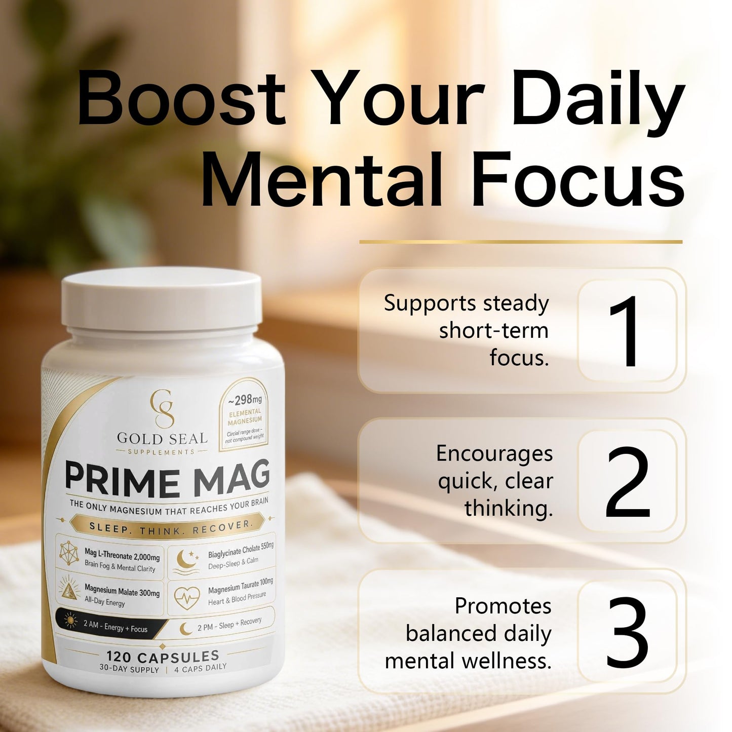 Vitadrive Natural Gold Seal Prime Magnesium Complex - Energy & Recovery - Vegan, 120 Capsules