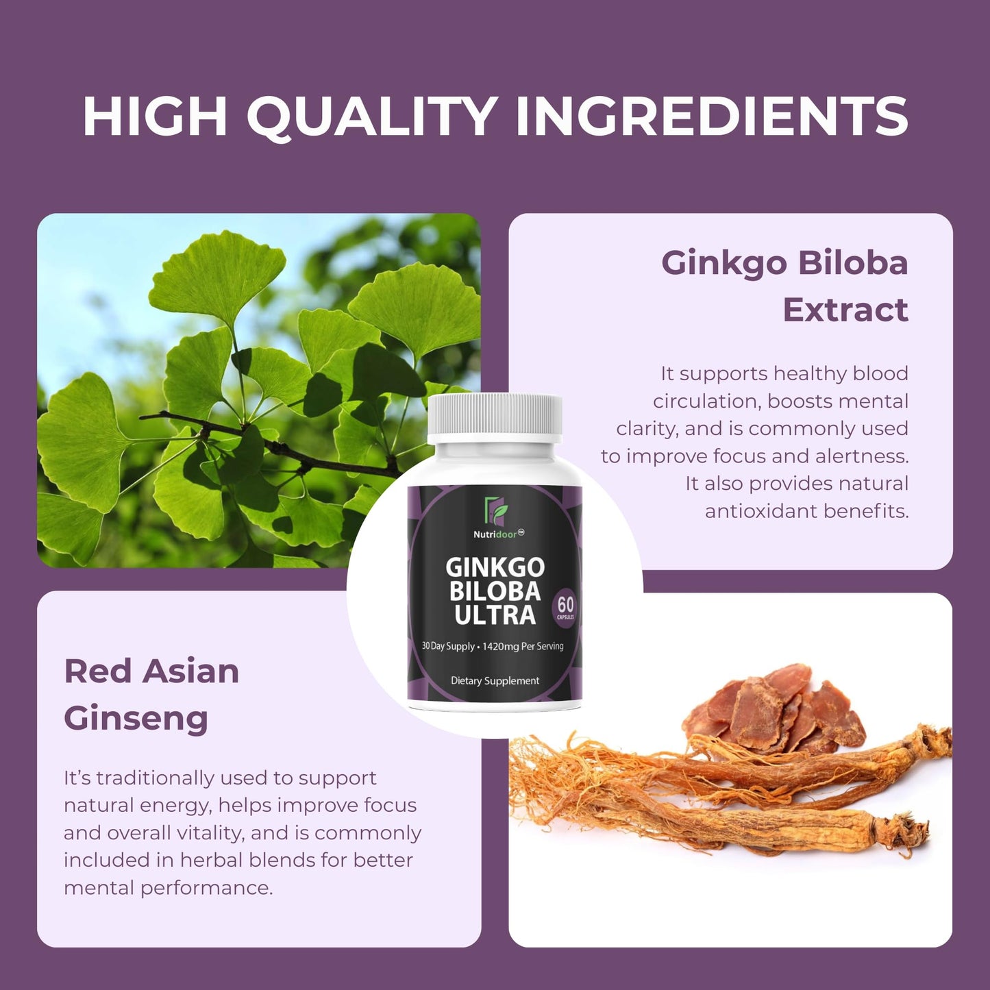NUTRIDOOR Ginkgo Biloba Ultra with Red Asian Ginseng, Ginkgo Leaf Extract & Powder, 1420mg, Capsule, 60 Count