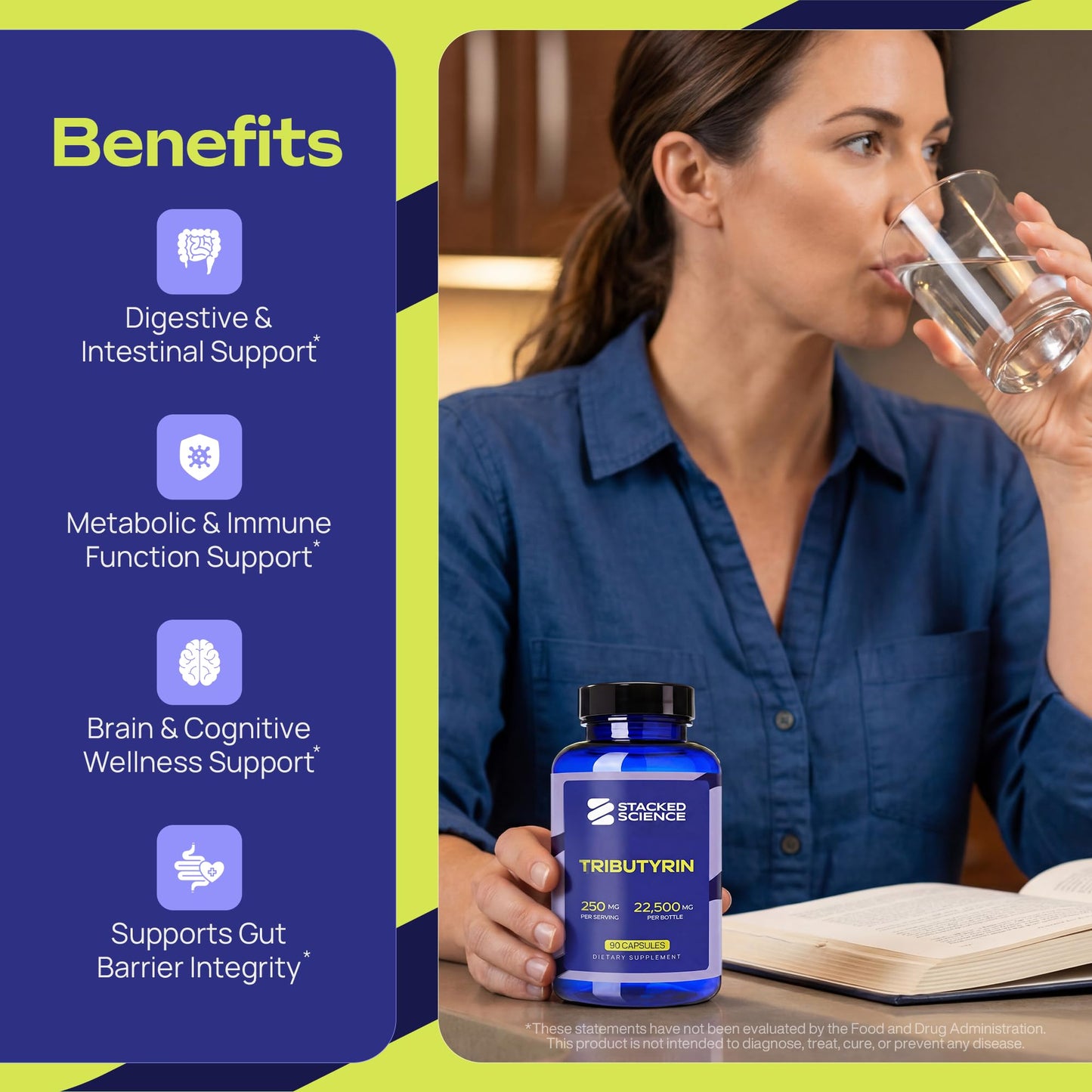 Stacked Science Tributyrin 250 mg Capsule, 90 Count
