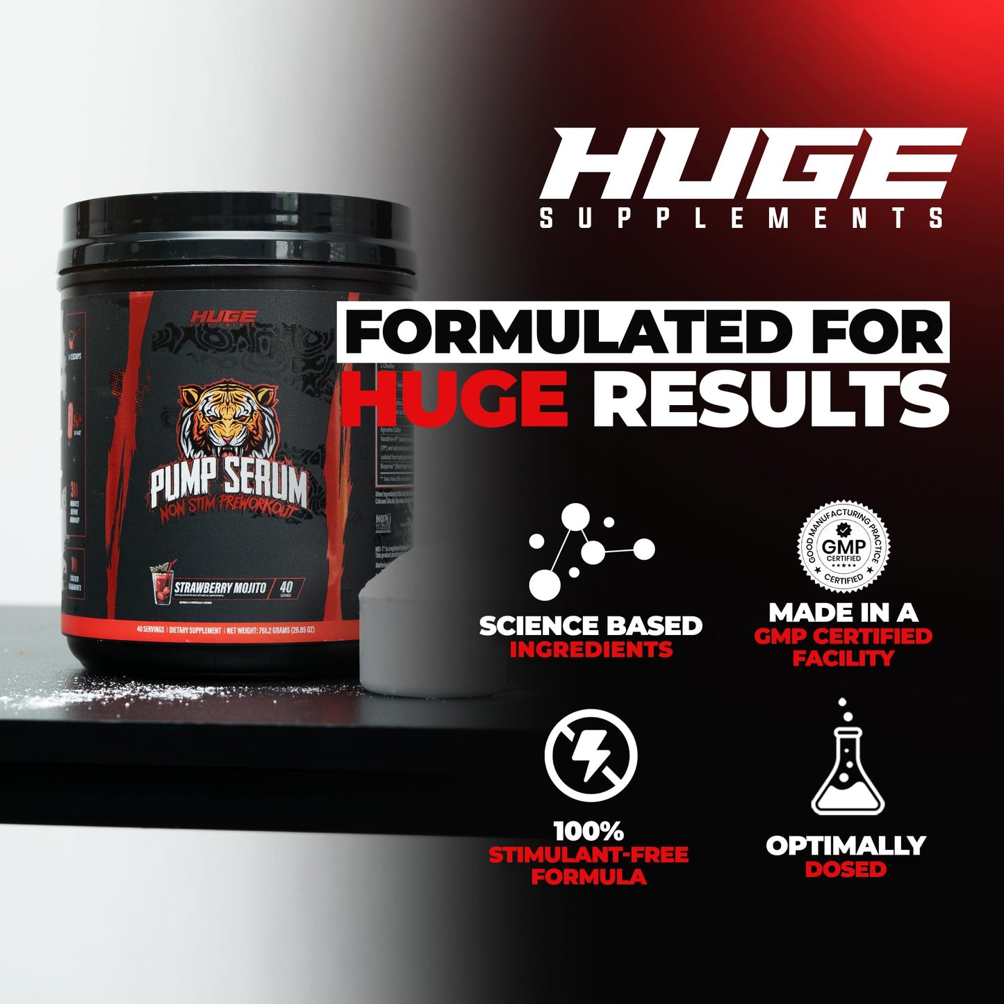 Huge Supplements Pump Serum Non Stim Pre-Workout Powder Strawberry Mojito, 40 Servings