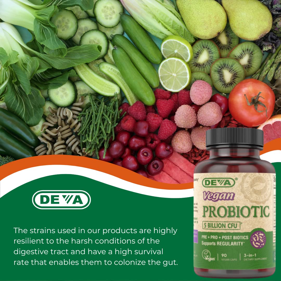 DEVA Vegan Probiotic Supplement - Pre, Pro, and Postbiotics for Digestive Health 5 Billion CFU Capsule 90