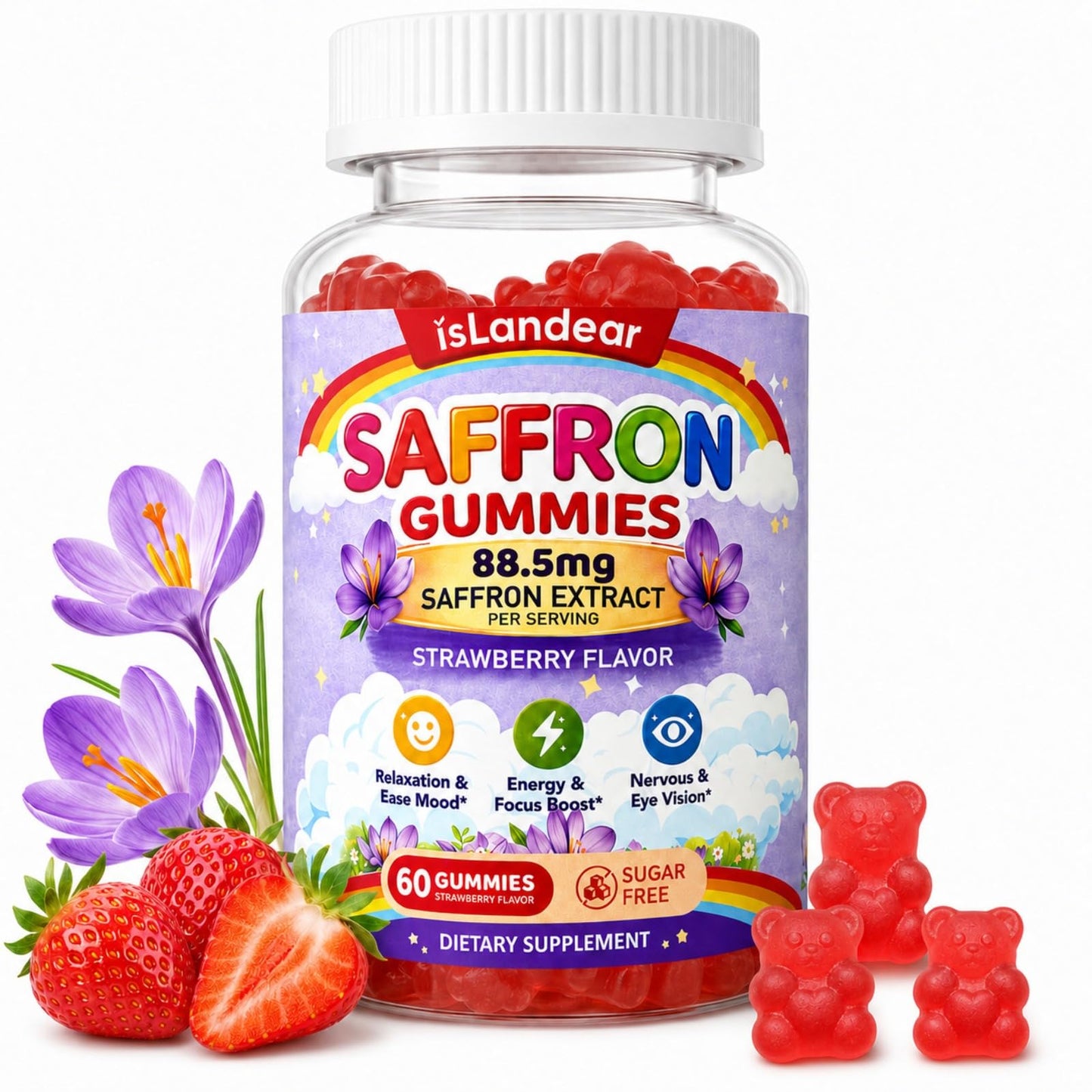 isLandear Saffron Gummies for Kids & Adults, 10-in-1 Saffron Supplement with 88.5mg Saffron Extract for Calm Mood, Focus & Daily Wellness, Strawberry Flavor, 60 Count
