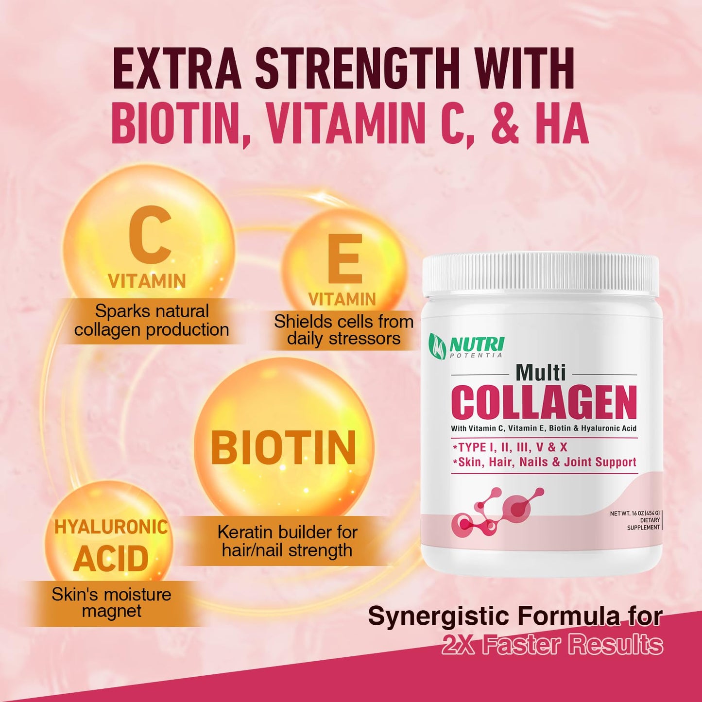 NUTRI POTENTIA Multi Collagen Peptides Powder - Type I, II, III, V, X with Vitamin C, E & Hyaluronic Acid, Hair, Skin, Nail Support, Unflavored, Non-GMO, 1 Pound