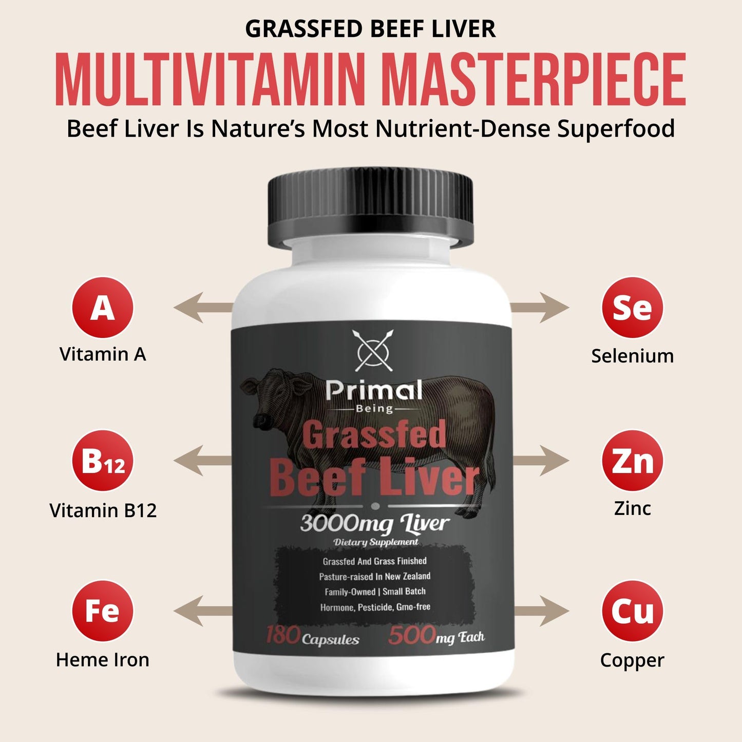 Primal Being Grassfed Beef Liver 3000mg Freeze-Dried Capsules, 180 Count