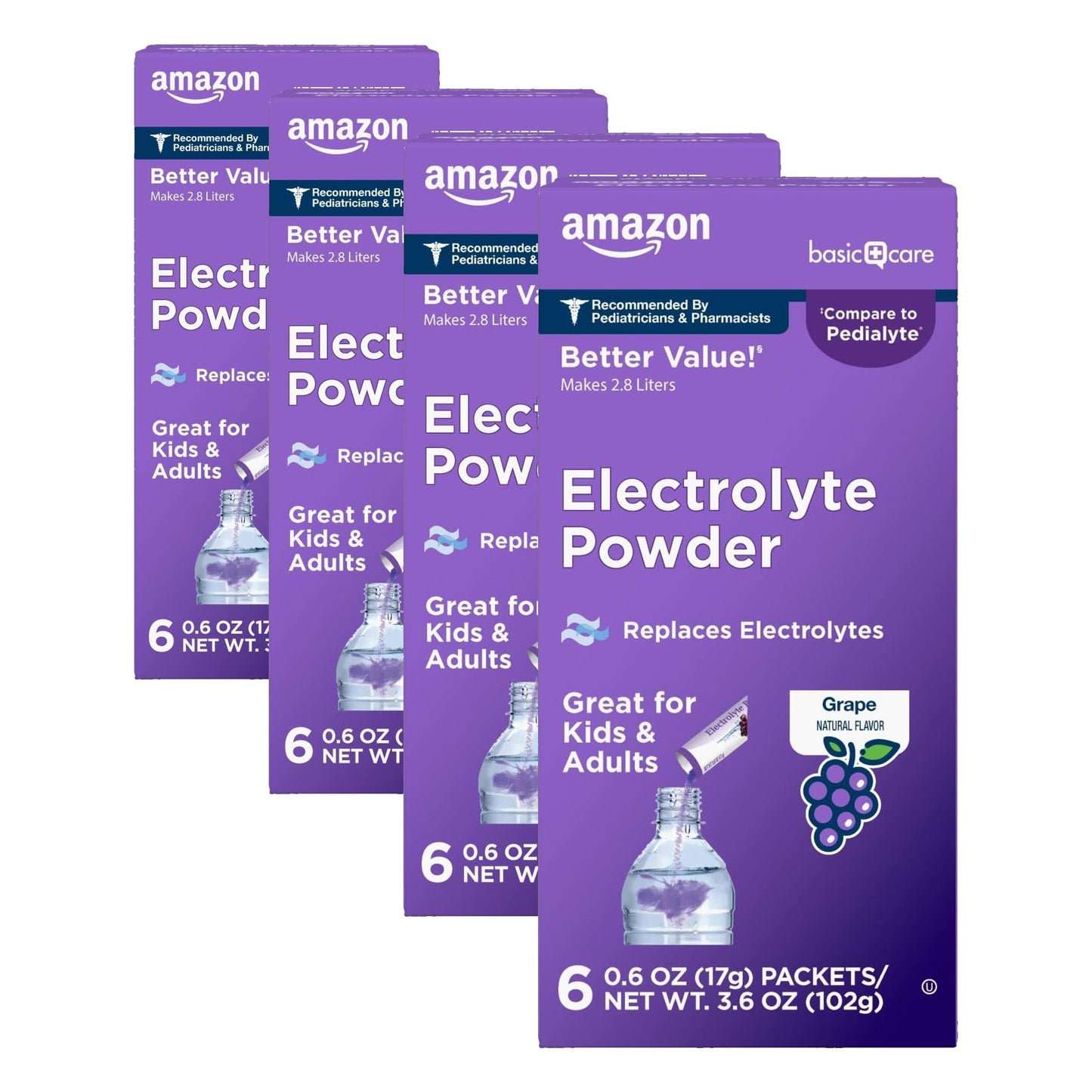 Amazon Basic Care Electrolyte Powder Packets for Rehydration, Grape Flavor, 24 Count