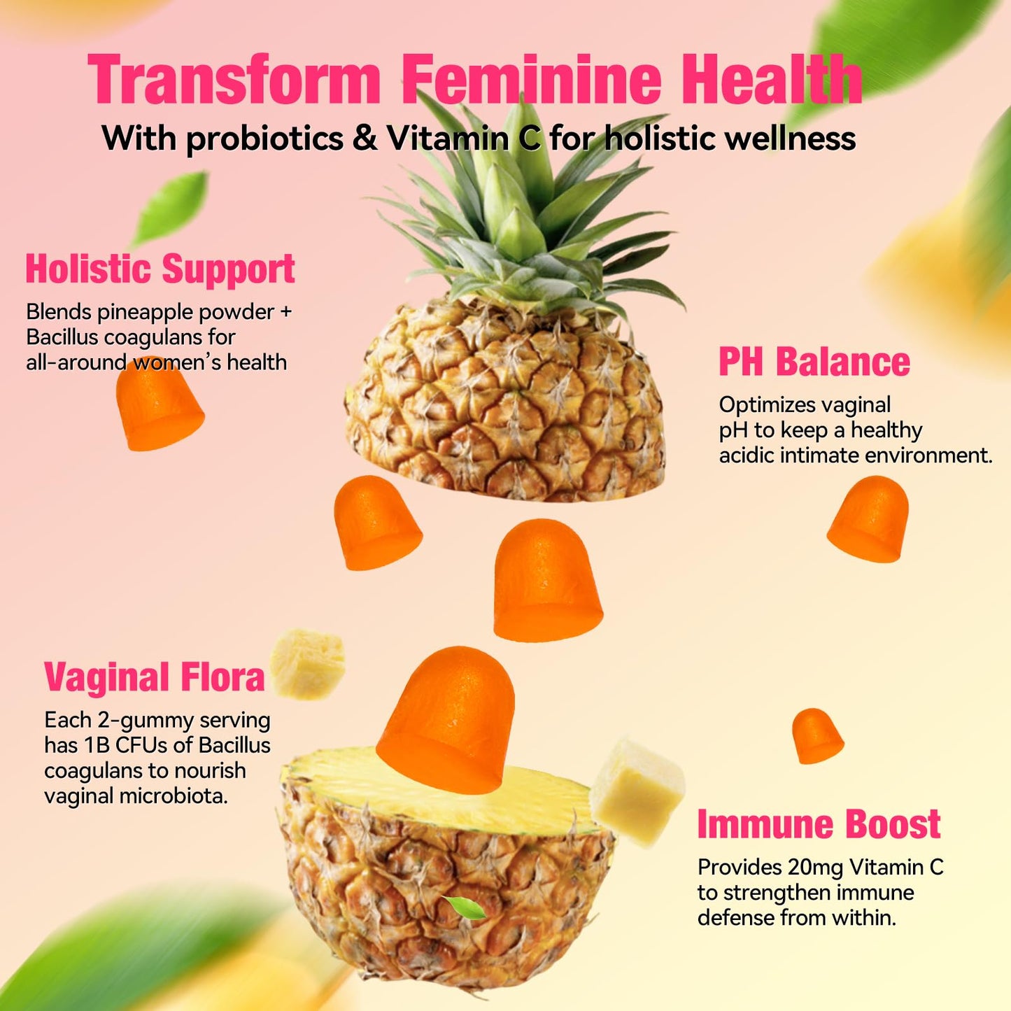 QualiLife Premium Feminine Balance Gummies for Women – Probiotic Vaginal Health Support with Vitamin C – pH Balance & Flora Support – Sugar Free, Vegan, Hawaiian Pineapple Flavor – 60 Gummies