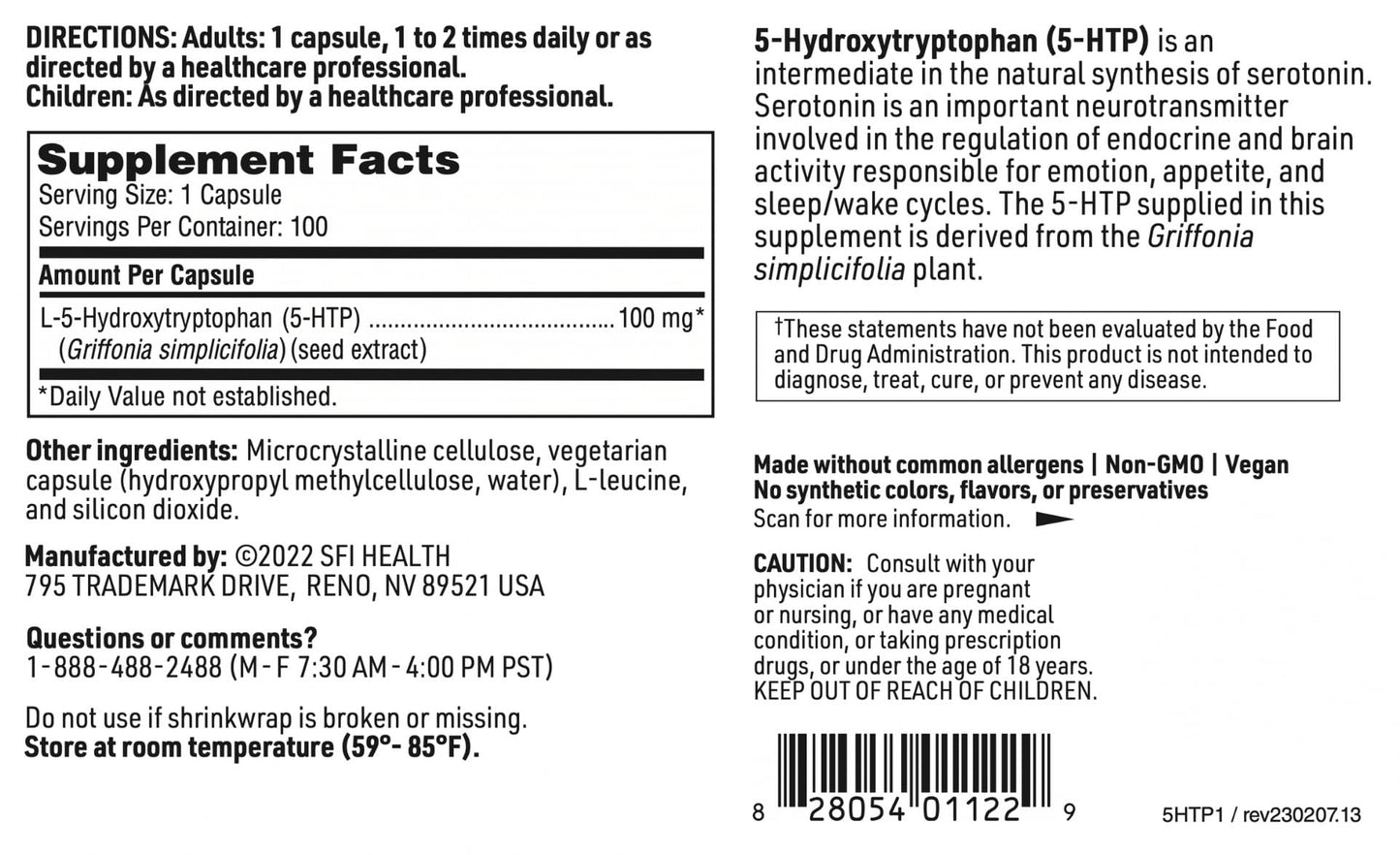 SFI Health 5-HTP Capsules 100 Capsules