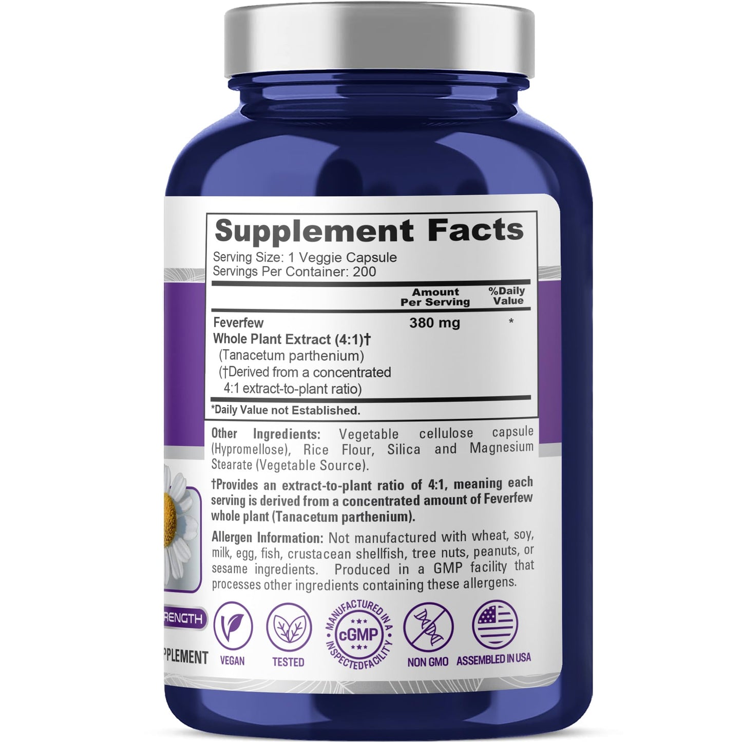 NusaPure Feverfew 380 mg Capsules, 200 Count