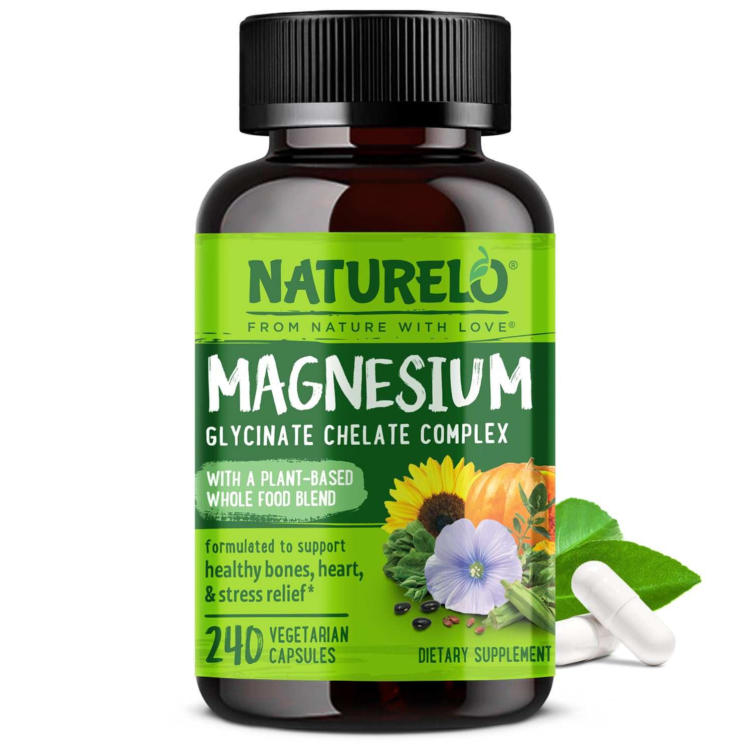 NATURELO Magnesium Glycinate Chelate Complex - 200 mg Magnesium, 240 Capsules