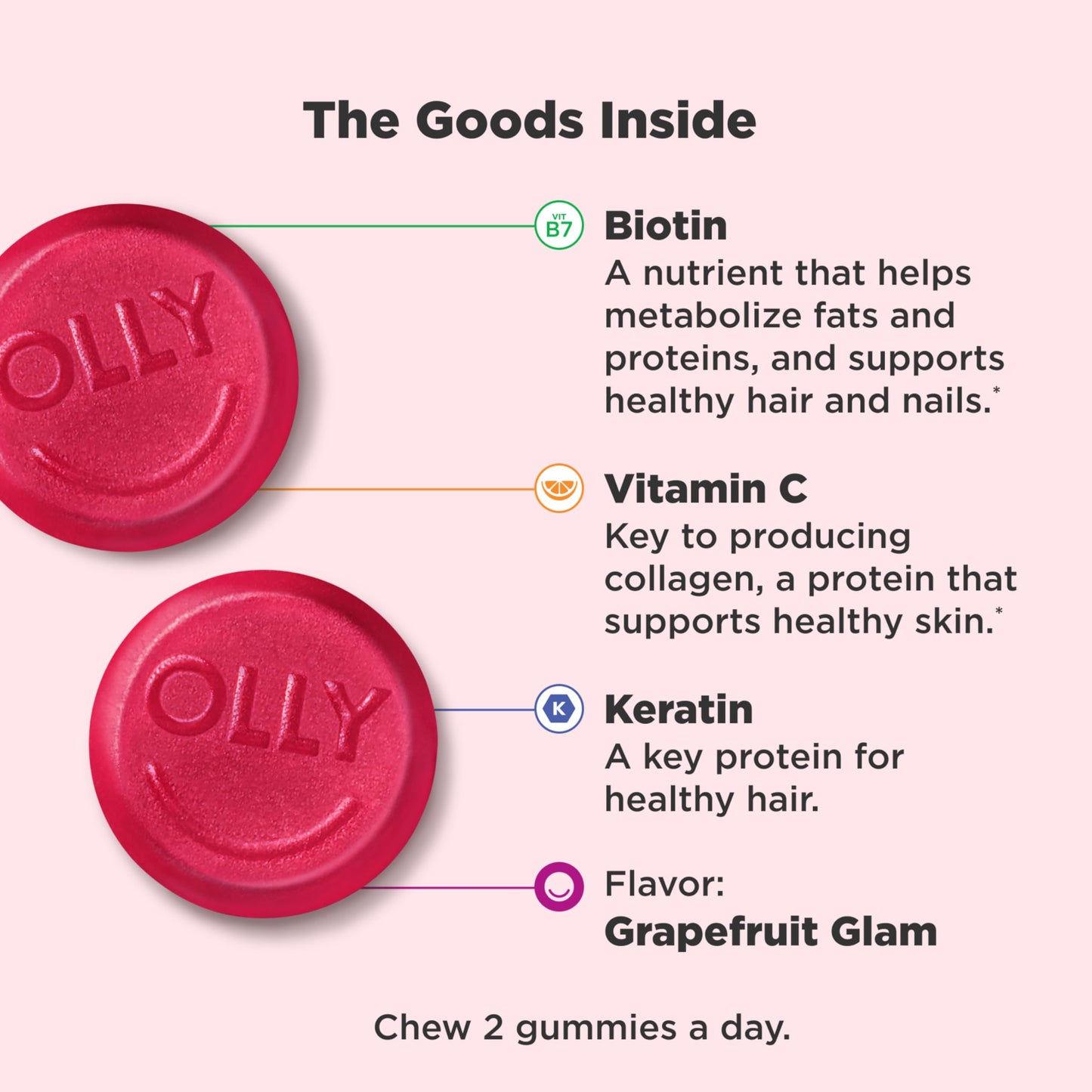 OLLY Undeniable Beauty Gummy, For Hair, Skin, Nails, Biotin, Vitamin C, Keratin, Chewable Supplement, Grapefruit, 60 Count