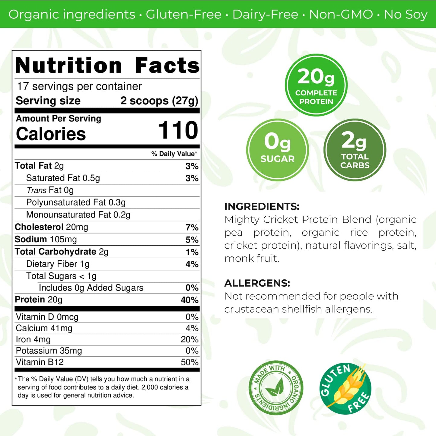 Mighty Cricket Protein Powder 20g Clean Prebiotic Cricket Protein Vanilla, 1 lb, 16 Servings