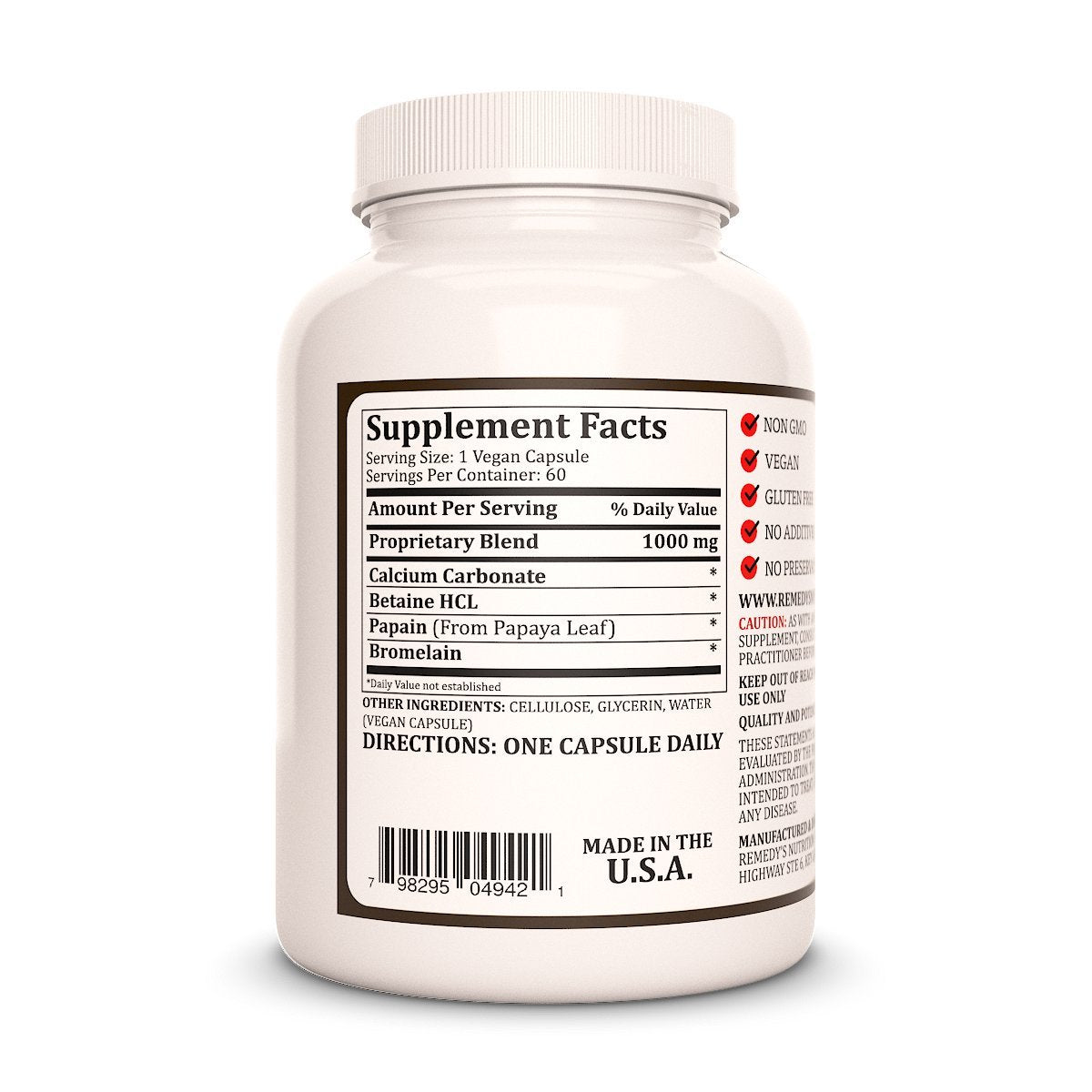 Remedy’s Nutrition Betaine HCL (Hydrochloride) Capsules 60