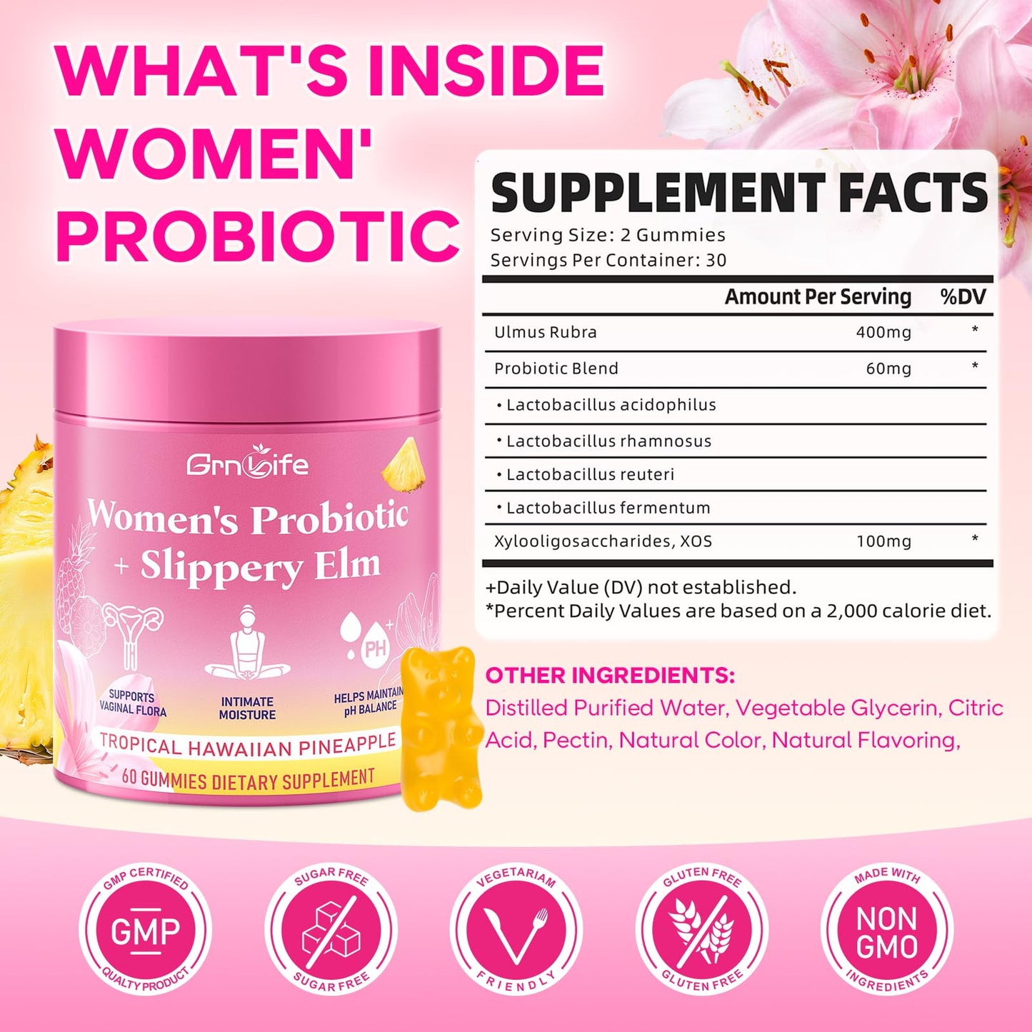 GrnLife Women's Probiotic Slippery Elm Gummies Gummy, 60 Count