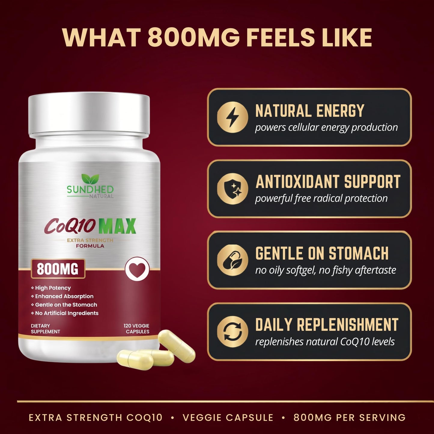 Sundhed Natural CoQ10 800mg Coenzyme Q10 Supplement Capsules 120