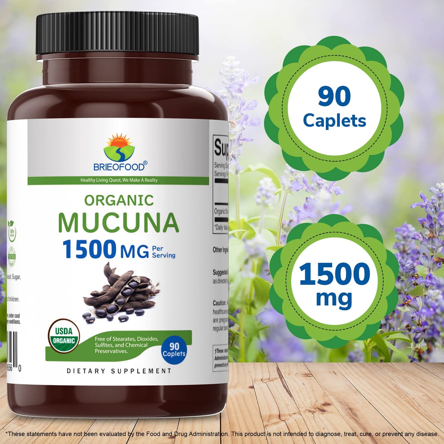 Brieofood Organic Mucuna 1500mg Tablets 180 Count