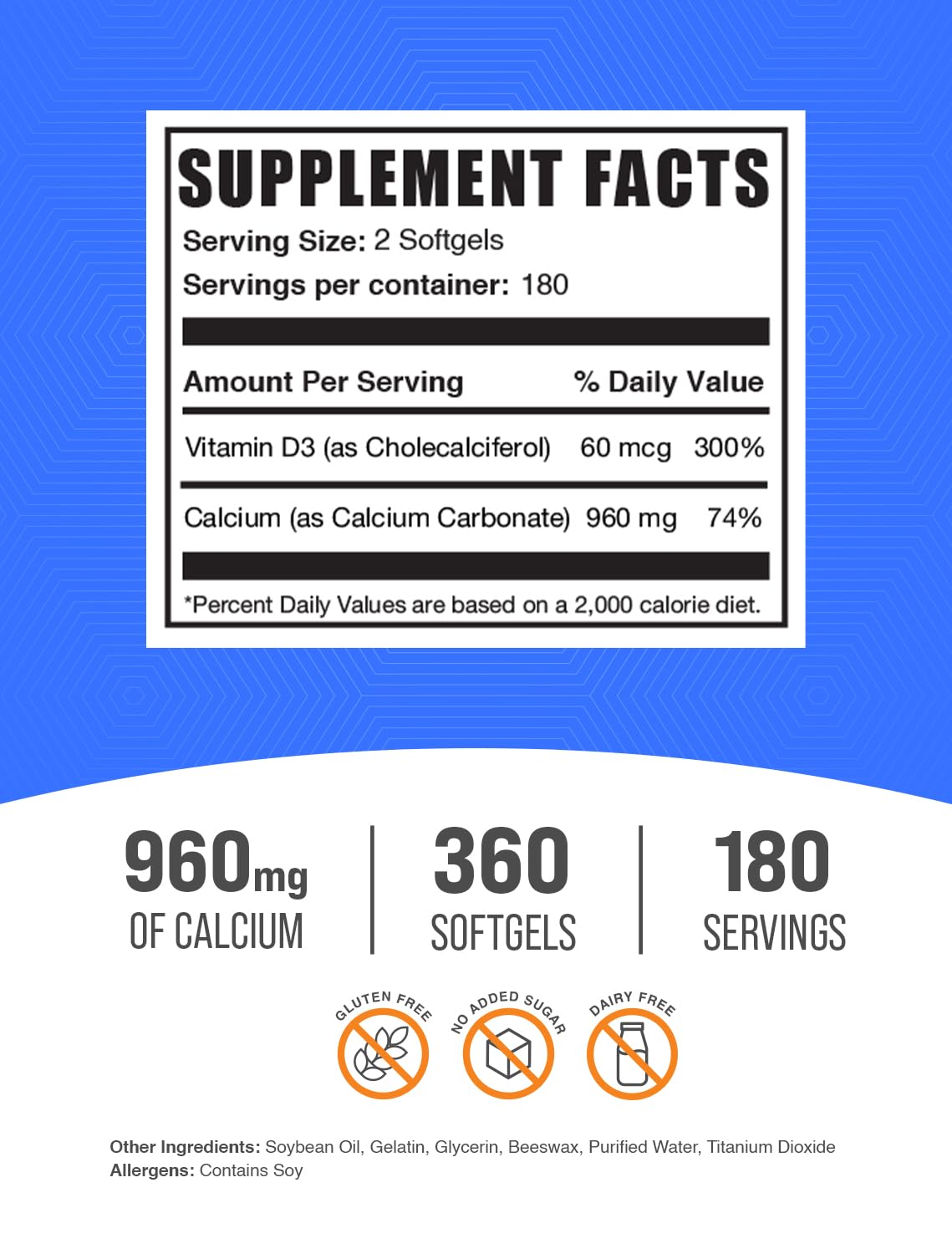 BulkSupplements Calcium Carbonate & Vitamin D3 Softgels 360 Count