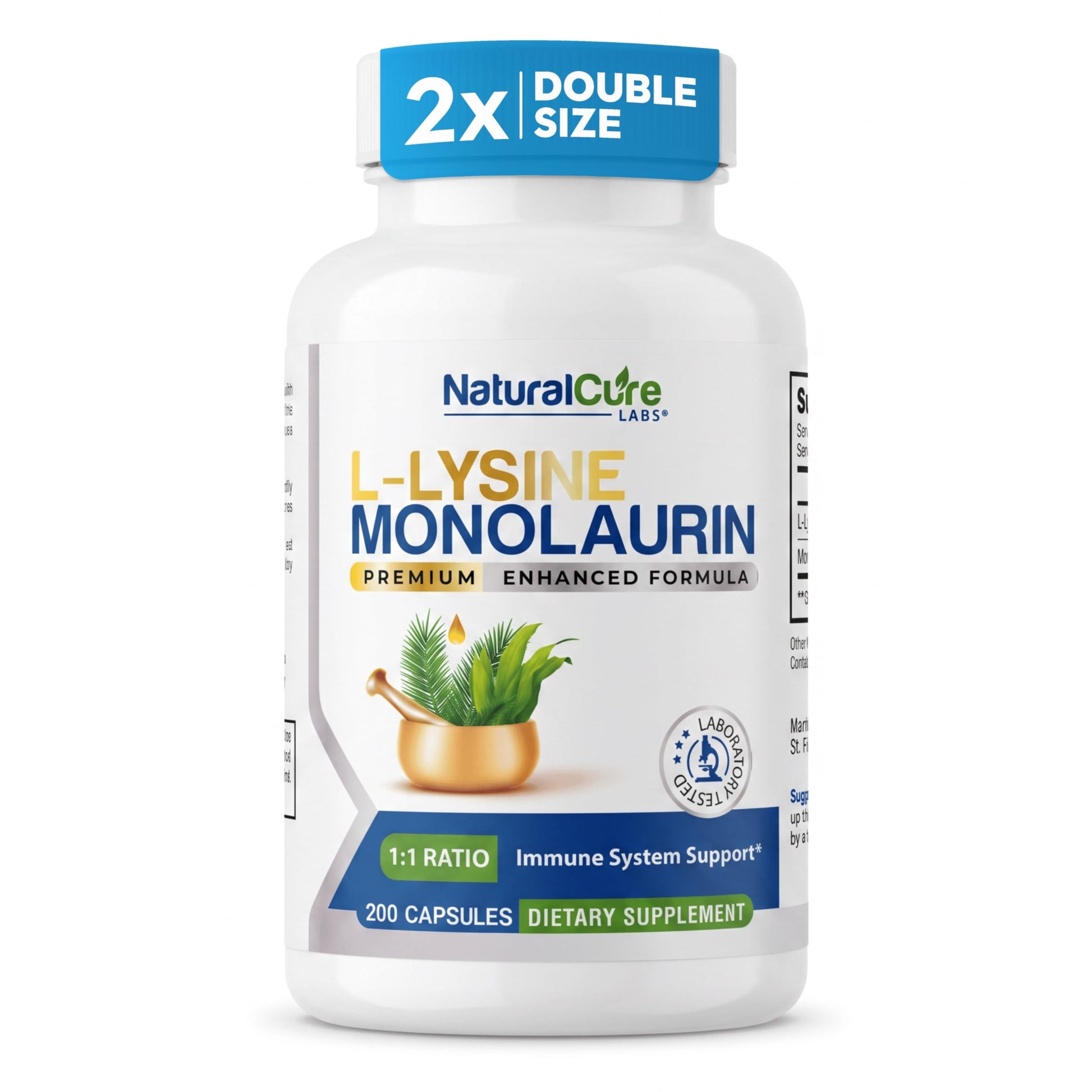 Natural Cure Labs L-Lysine with Monolaurin 600mg 1:1 Ratio, 200 Capsules