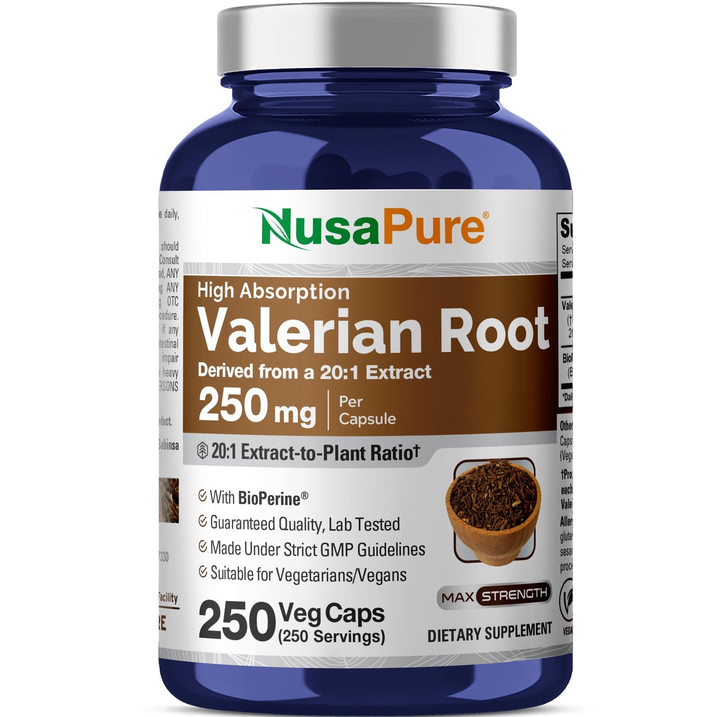 NusaPure Valerian Root Capsules, 250 Veg Capsules