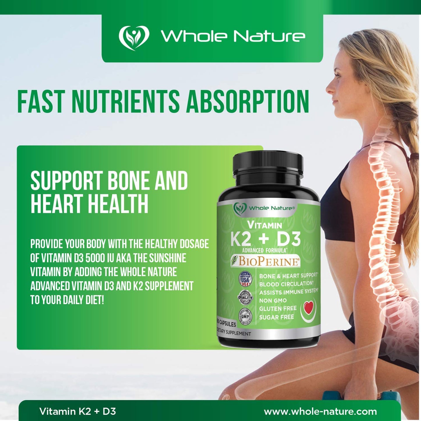 Whole Nature K2+D3 with Bioperine Plus Calcium Omega 3 Fish Oil Capsules, 120 Count