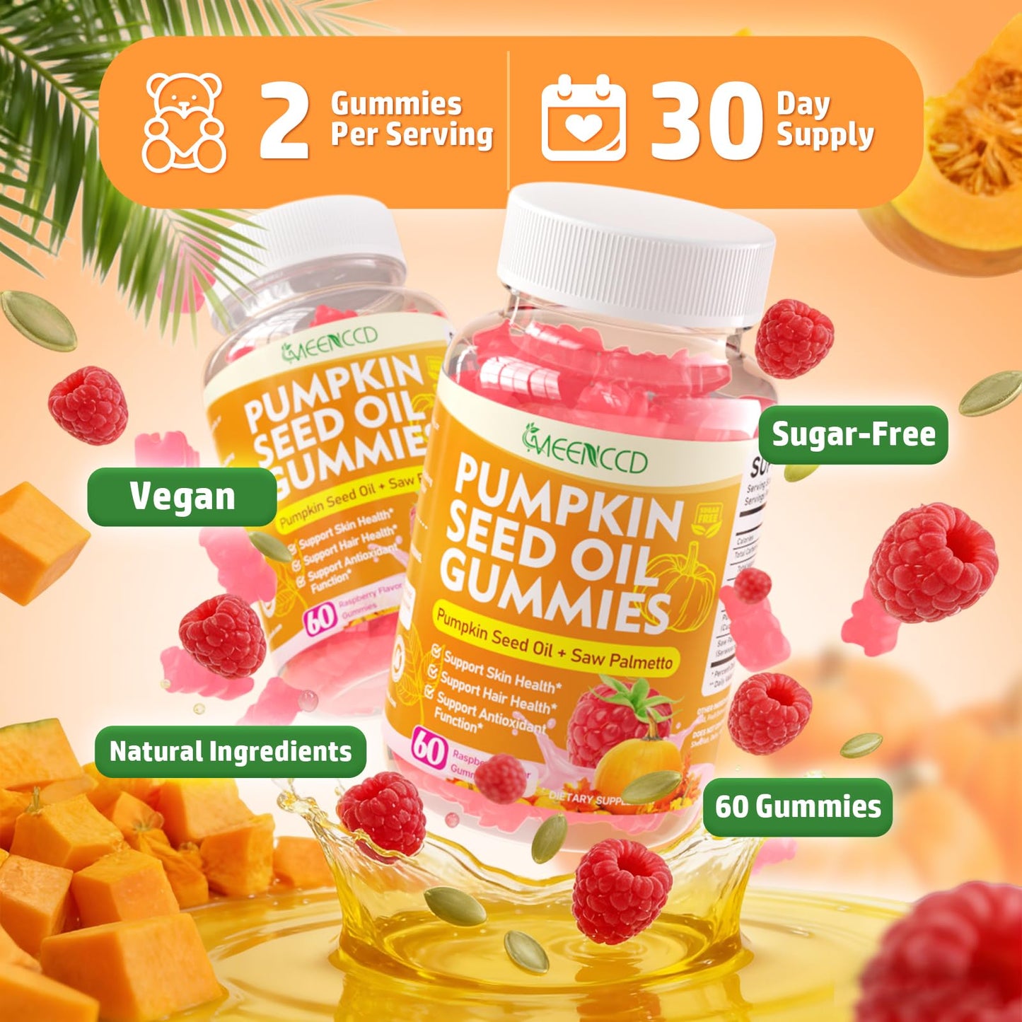 MEENCCD Pumpkin Seed Oil Gummies with Saw Palmetto for Hair and Skin Health, Sugar-Free Raspberry Flavor, 120 Count