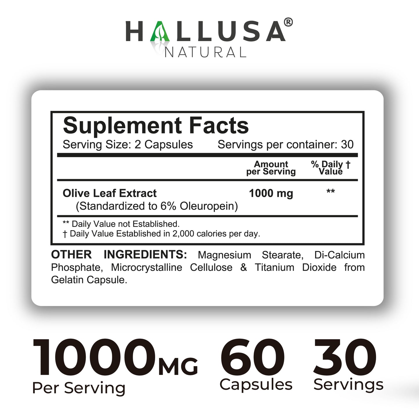 Hallusa Natural Olive Leaf Supplement Capsules 60 Capsules