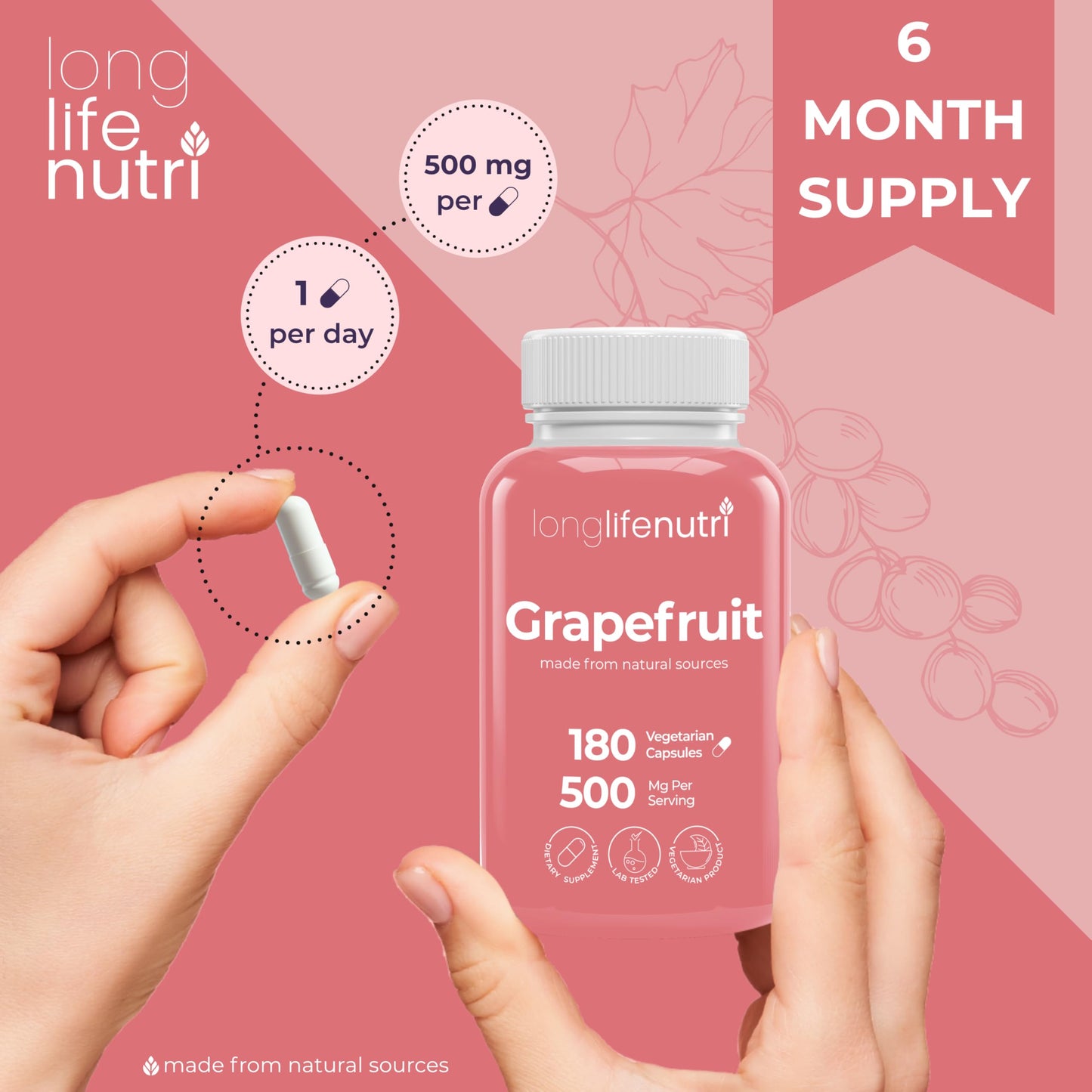 LongLifeNutri Grapefruit Seed Extract 500mg Capsule, 180 Count