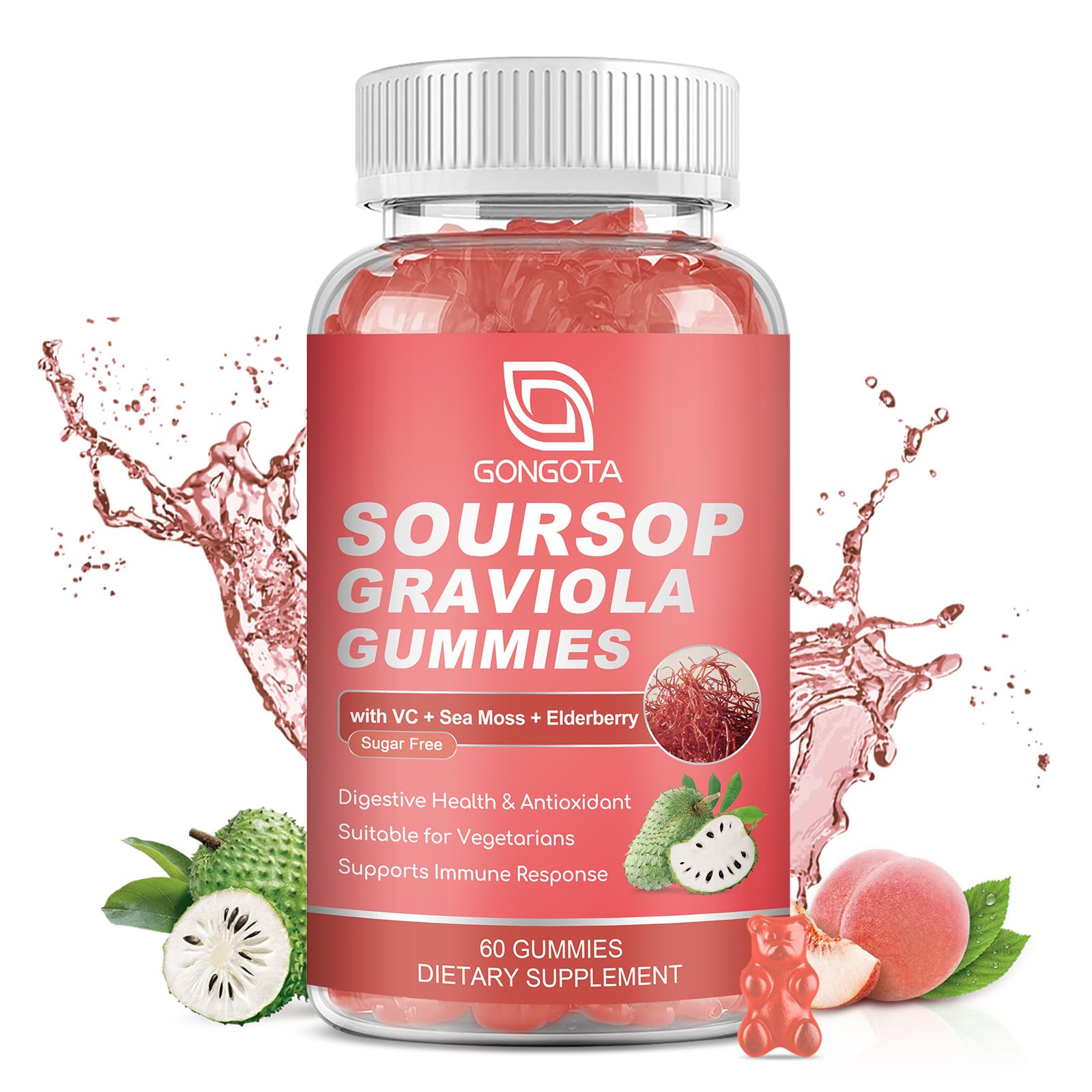 GONGOTA Soursop Graviola Gummies 2200mg Extra Soursop Leaves Extract, Elderberry & Sea Moss & Zn - Digestive, Immune, Antioxidant & Overall Health Support, Gluten Free, Vegan, 60 Gummies