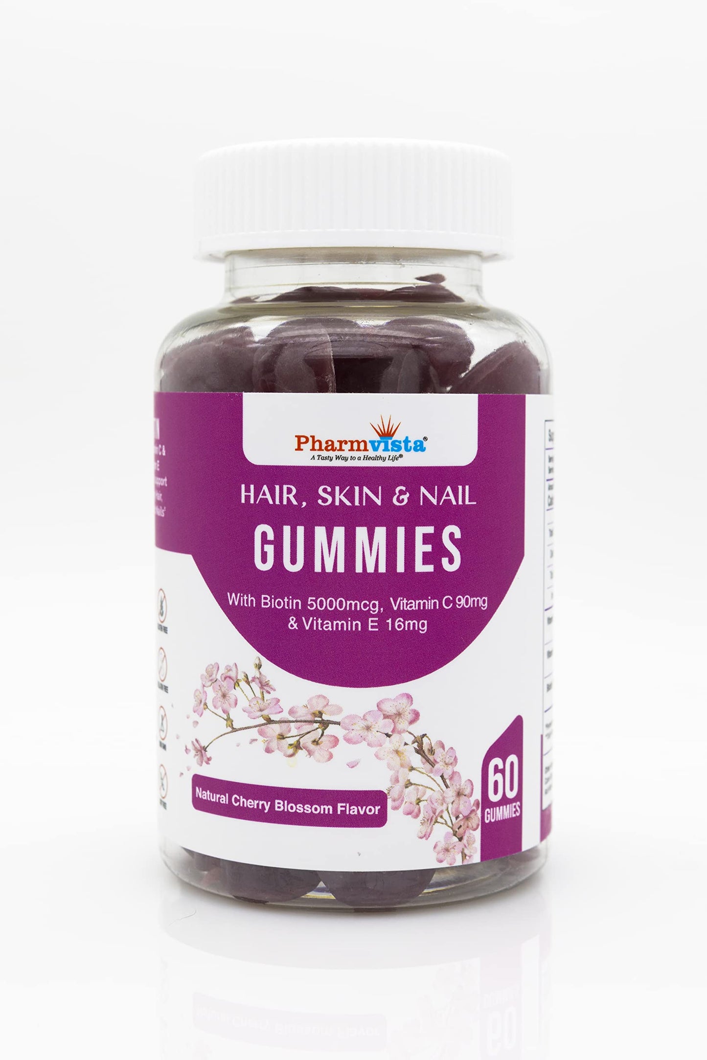 Pharmvista Hair Skin & Nail Vitamin Gummies with Biotin, Vitamin C & E - Vegan, Gluten-Free & Non-GMO - 60 Gummies