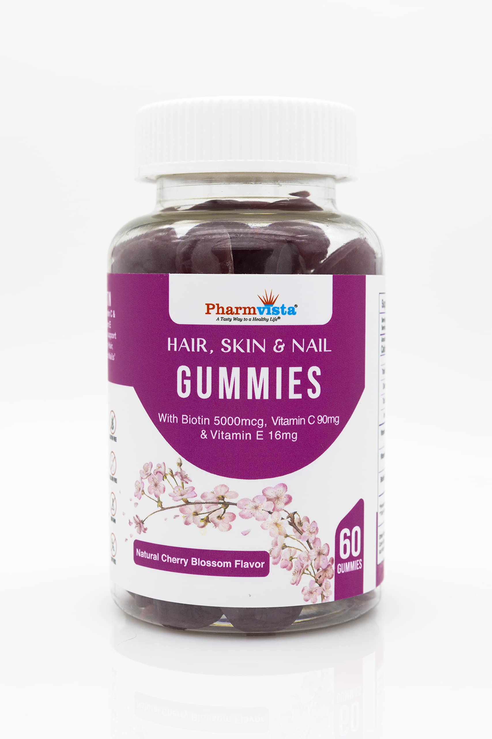 Pharmvista Hair Skin & Nail Vitamin Gummies with Biotin, Vitamin C & E - Vegan, Gluten-Free & Non-GMO - 60 Gummies