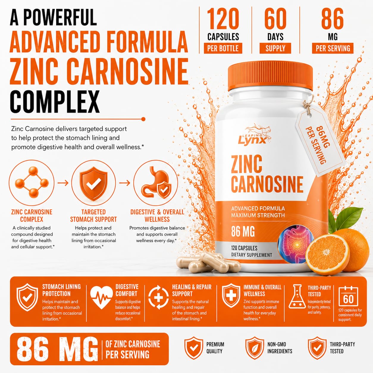 Leaping Lynx Zinc Carnosine 86 mg – Clinically Studied Zinc + L-Carnosine Complex for Gut Lining & Stomach Support, 120 Capsules