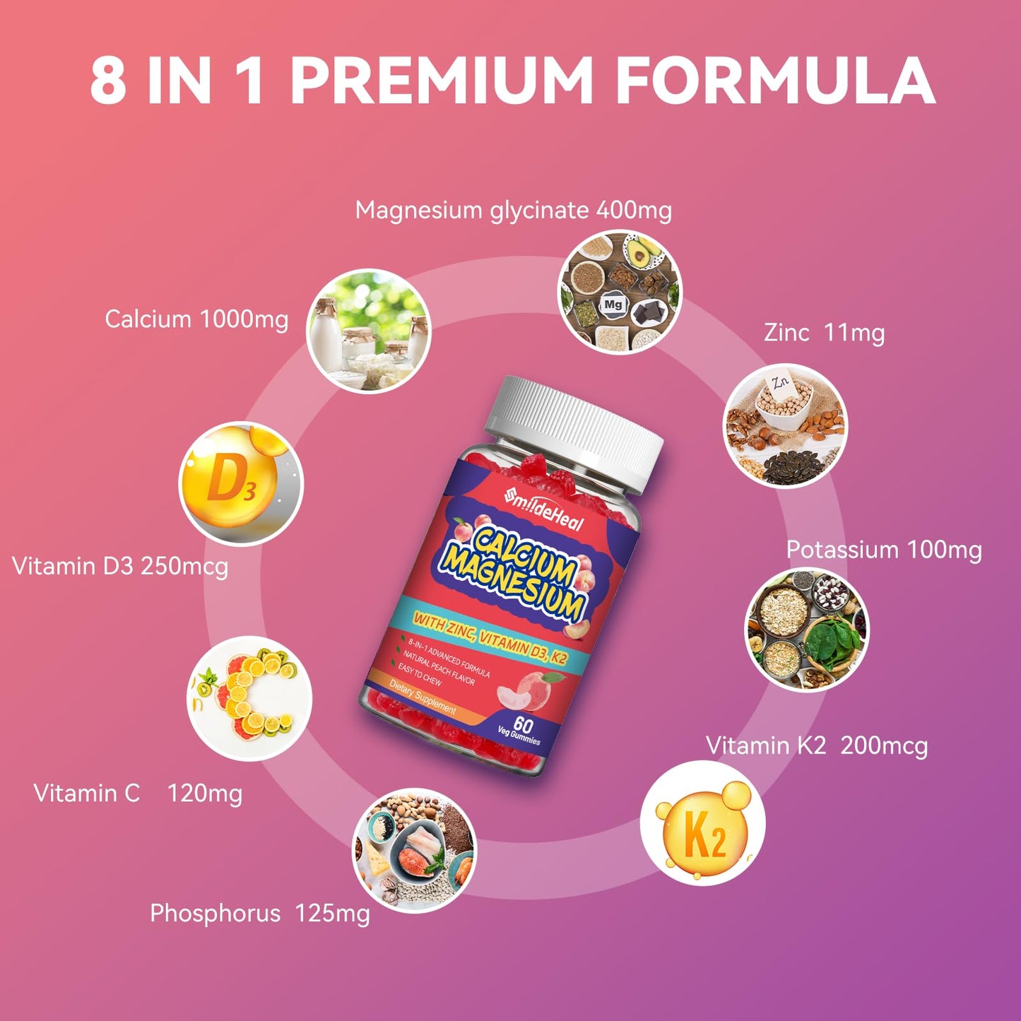 SmildeHeal Calcium Magnesium Zinc Gummies with Vitamin D3 - High Absorption Complex Calcium Supplement, Vegan, 120 Gummies
