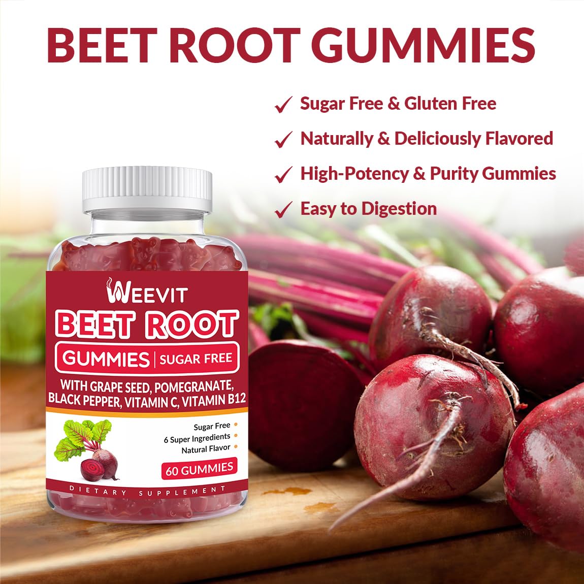 WEEVIT Beet Root Gummies Nitric Oxide Supplement for Men and Women 120 Count
