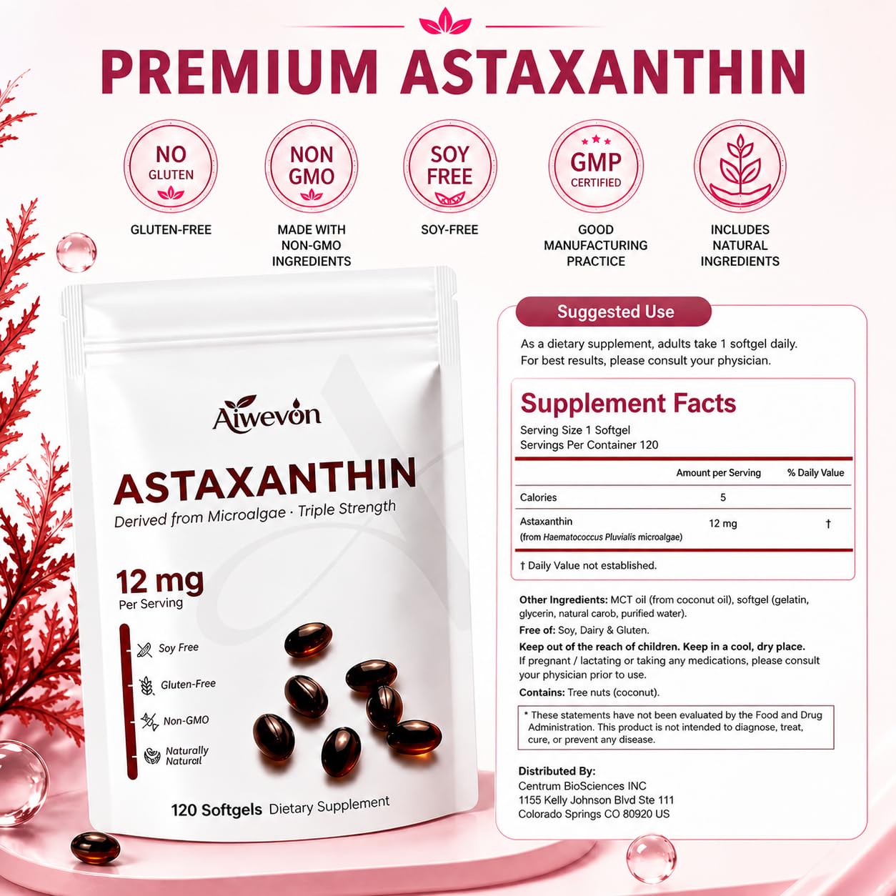 Aiwevon High Potency Astaxanthin 12mg Softgels 120