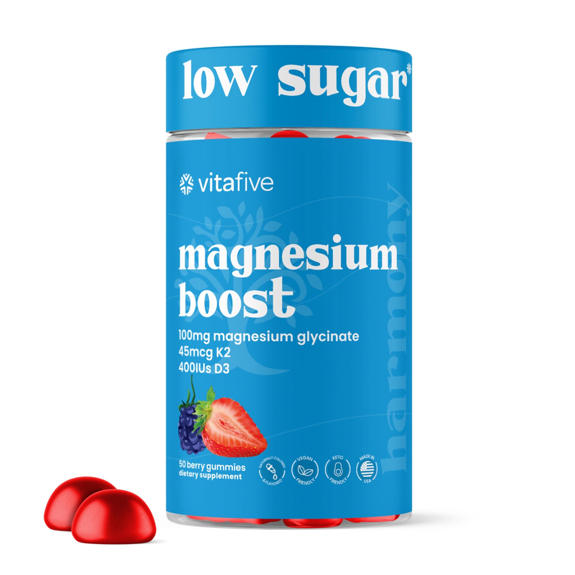 Vitafive Low Sugar Magnesium Glycinate Gummies with Vitamin D and K, 50 Count