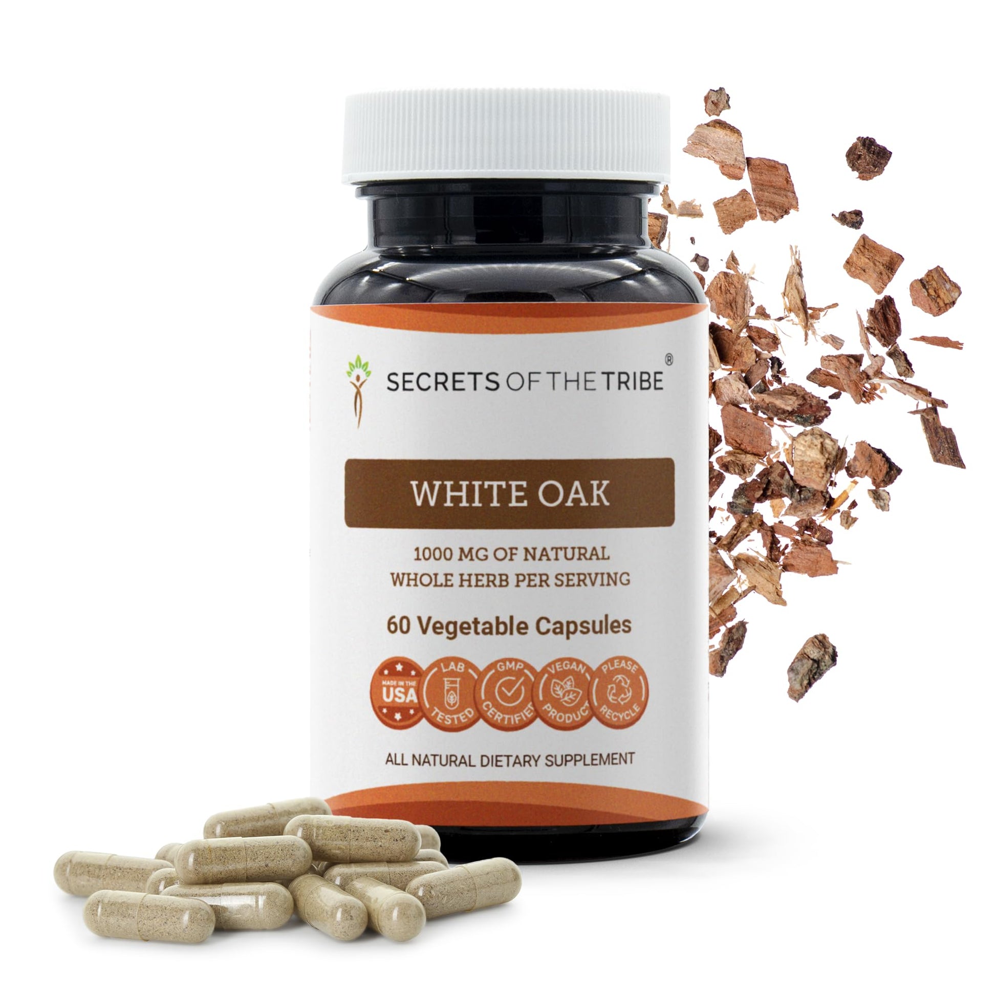Secrets of the Tribe White Oak 1000 mg Capsules, White Oak (Quercus alba) Dried Bark, 60 Count