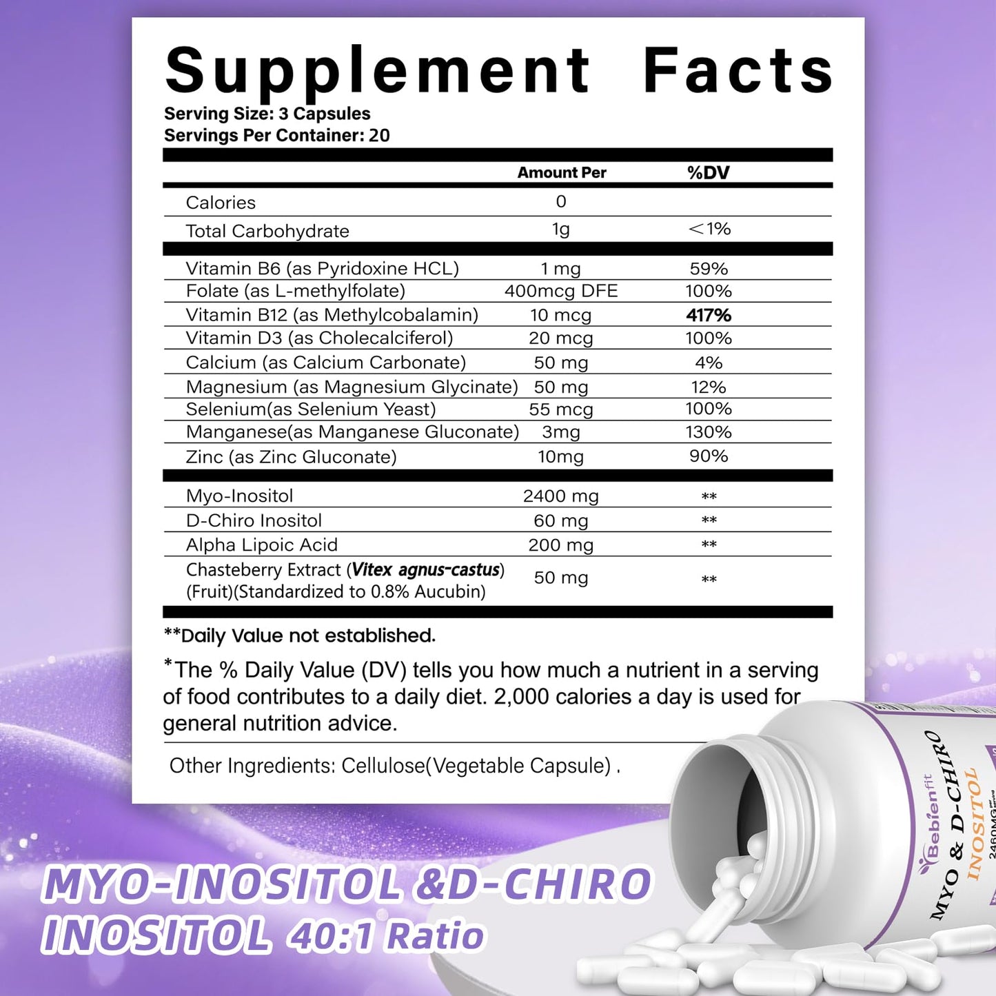 Bebien fit 13-in-1 Myo Inositol & D-Chiro Inositol for Women, 2460mg-40:1 Ratio Supplement Plus Alpha Lipoic Acid, Folate, Vitex, Magnesium, 60 Vegan Capsules