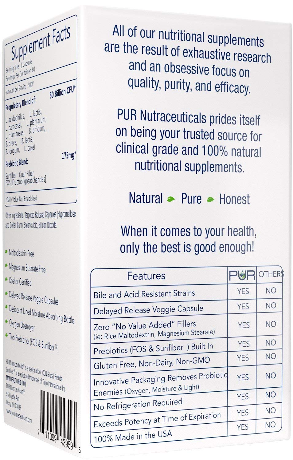 PUR Nutraceuticals Clinical Grade Probiotics 50 Billion CFUs, 60 Capsules