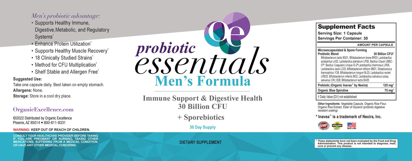 Organic Excellence Mens L Reuteri Probiotics for Gut Health with Prebiotics Capsules, 30 Count