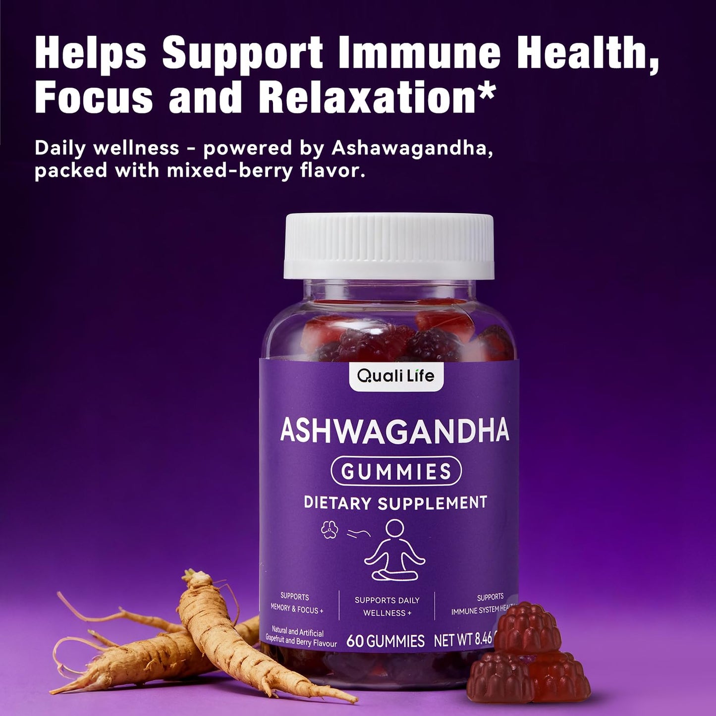 QualiLife Ashwagandha Gummies for Relax & Cortisol Support – High Strength Root Extract with Cranberry & Chaste Tree, Grapefruit & Berry Flavour – Vegan, Non-GMO, Gluten-Free, 120 Gummies