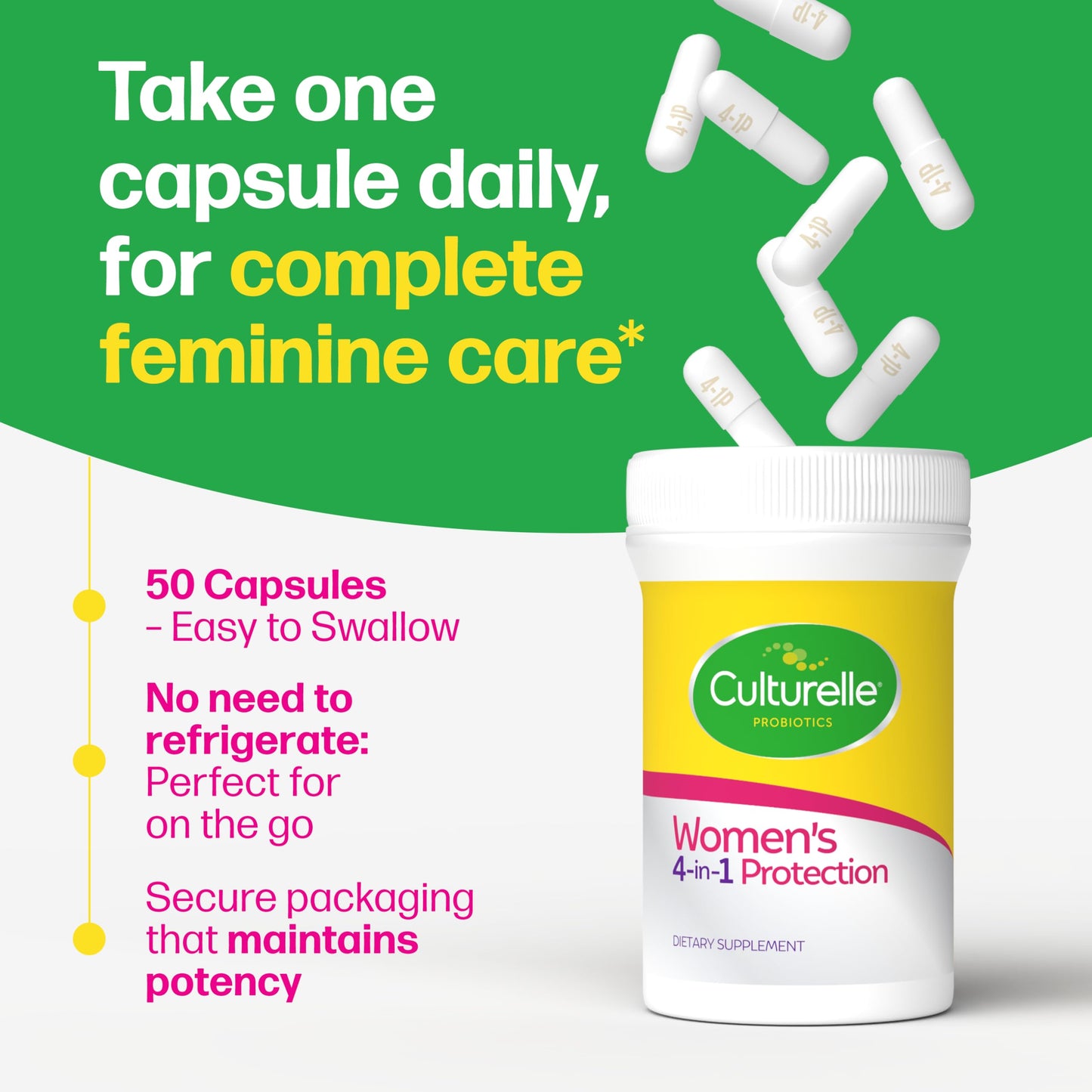 Culturelle Probiotics for Women with Prebiotics - 4-in-1 for Vaginal, Digestive, Urinary & Immune Health - pH Balance, Bloating & Gas Relief - Daily Vegetarian Capsules, Non-GMO, 50 Capsules
