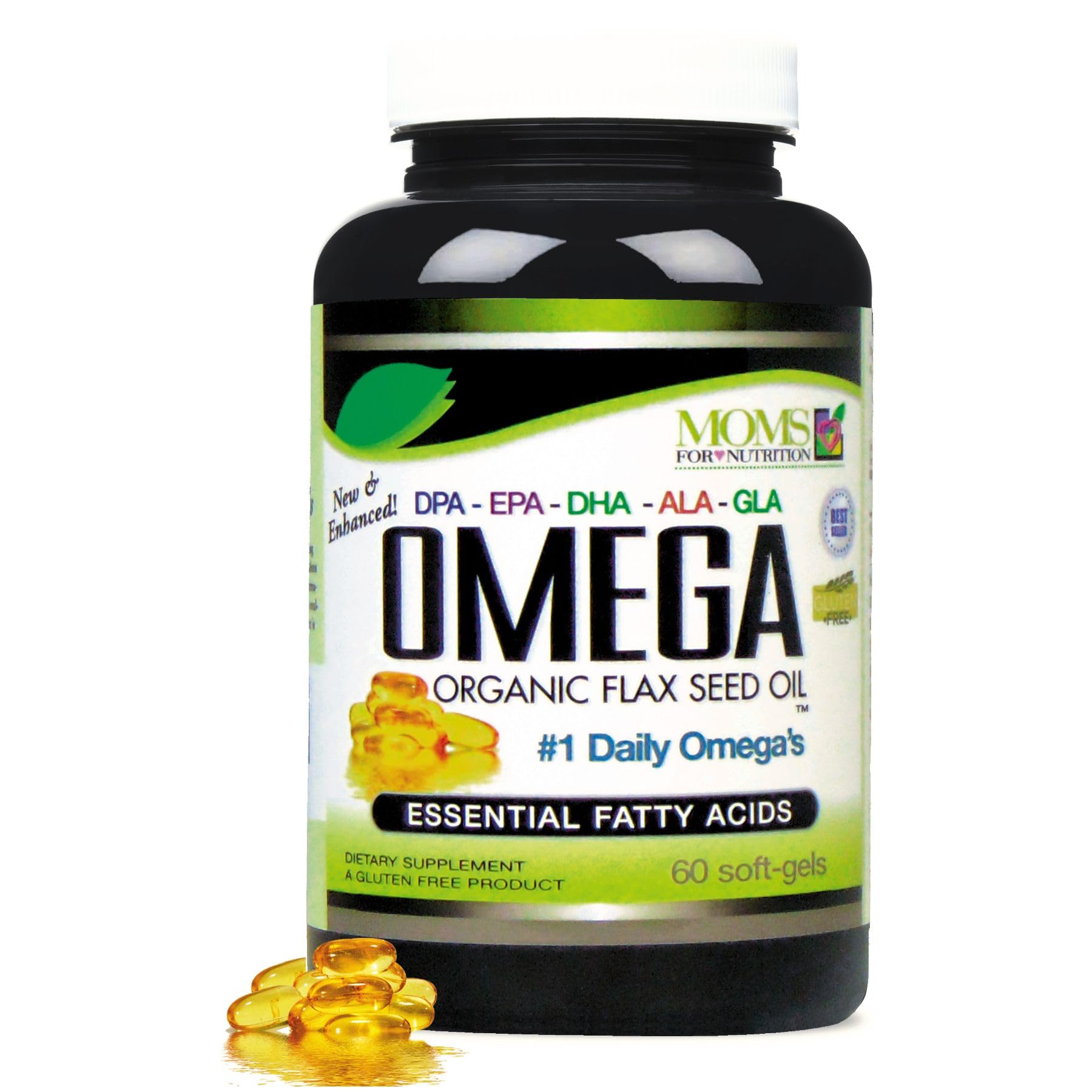 Moms For Nutrition Natural Omega 3-6-9 Blend with DPA, EPA, DHA, ALA and GLA and Organic Flax Seed Oil Plus Wild Caught Natural Fish Oil Over 2,800 mg Strength Gluten Free Made in USA SoftGels, 60 Count