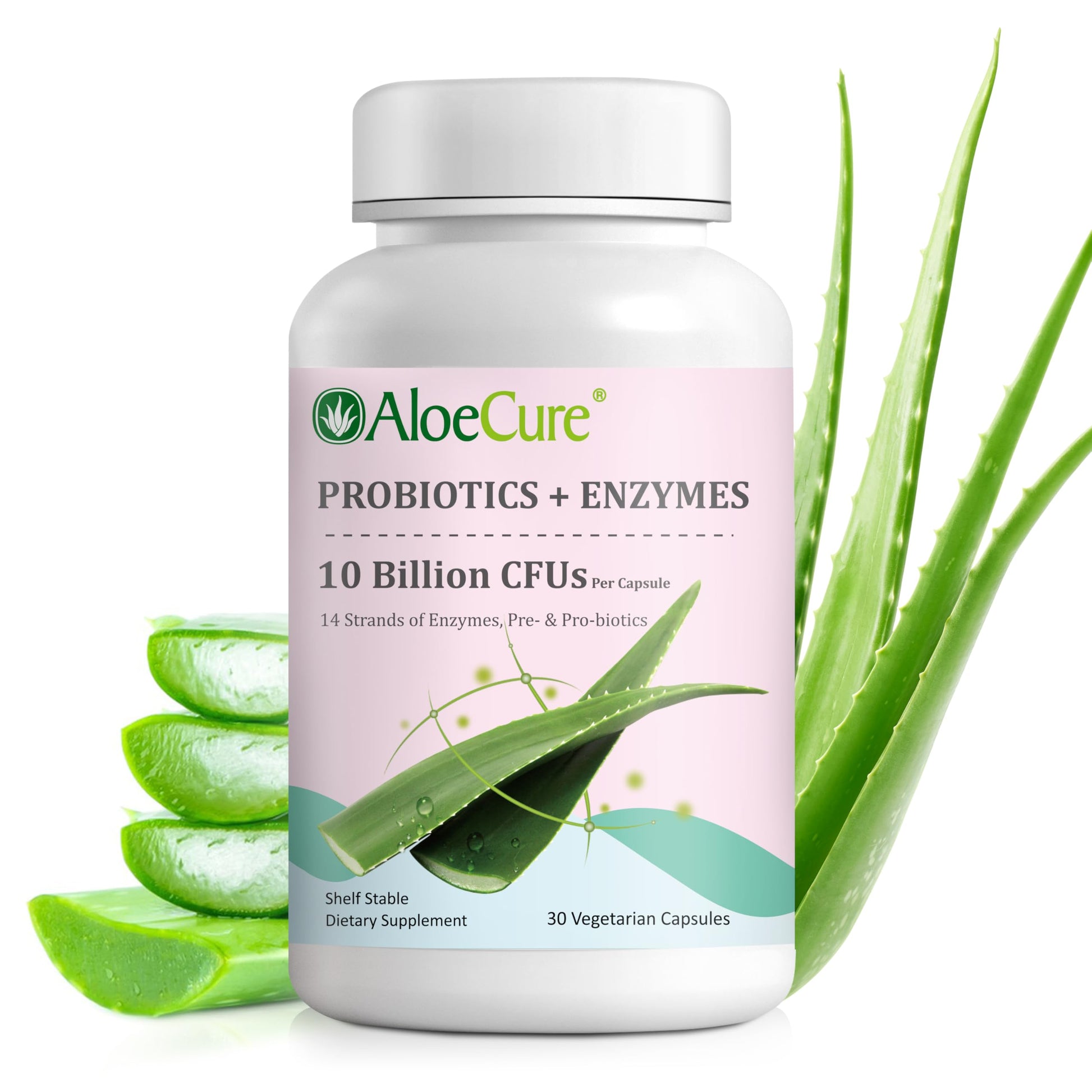 AloeCure Daily Probiotics 10 Billion CFUs + Enzymes & Prebiotics, 30 Capsules