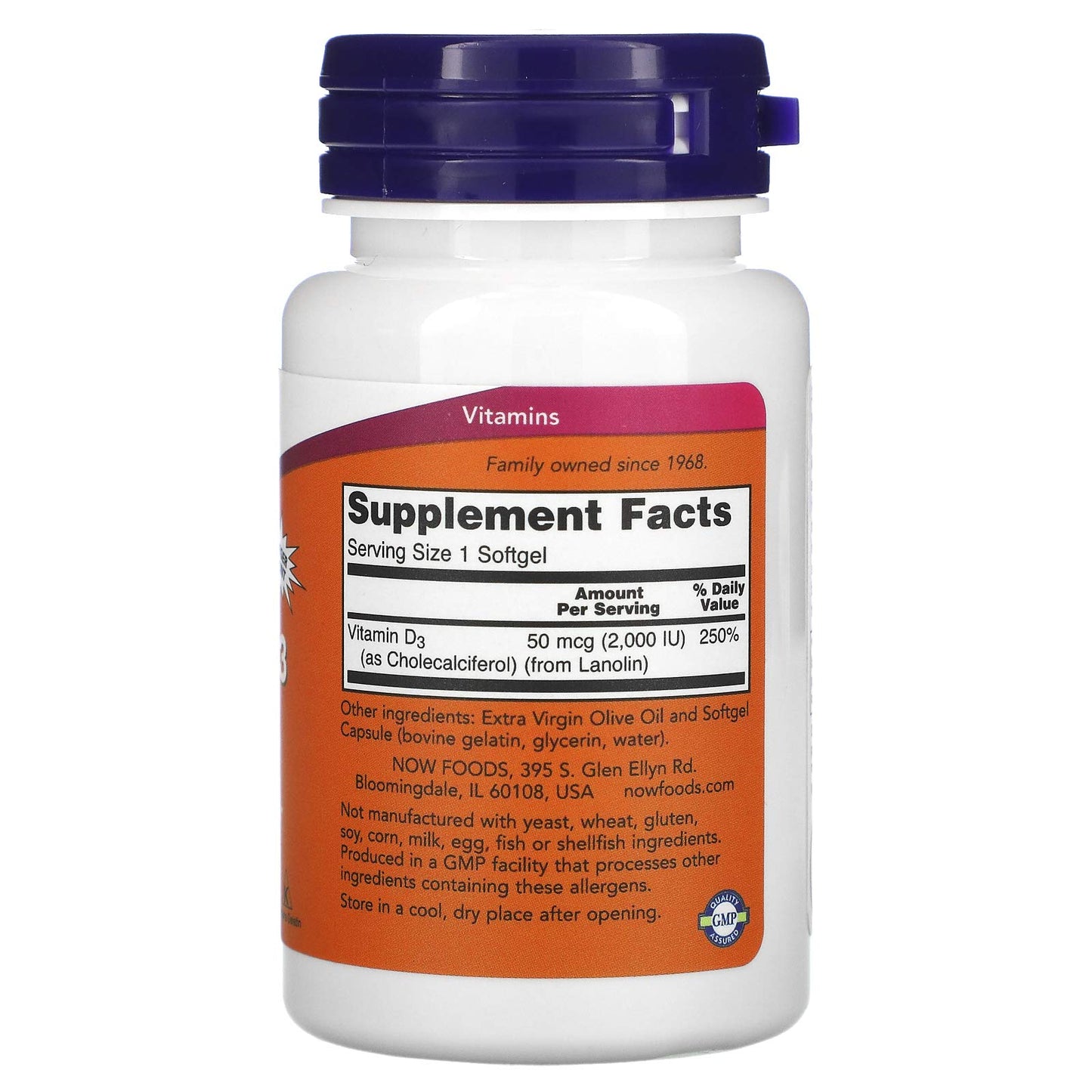 NOW Foods Vitamin D-3 50 mcg (2,000 IU) Softgels 720