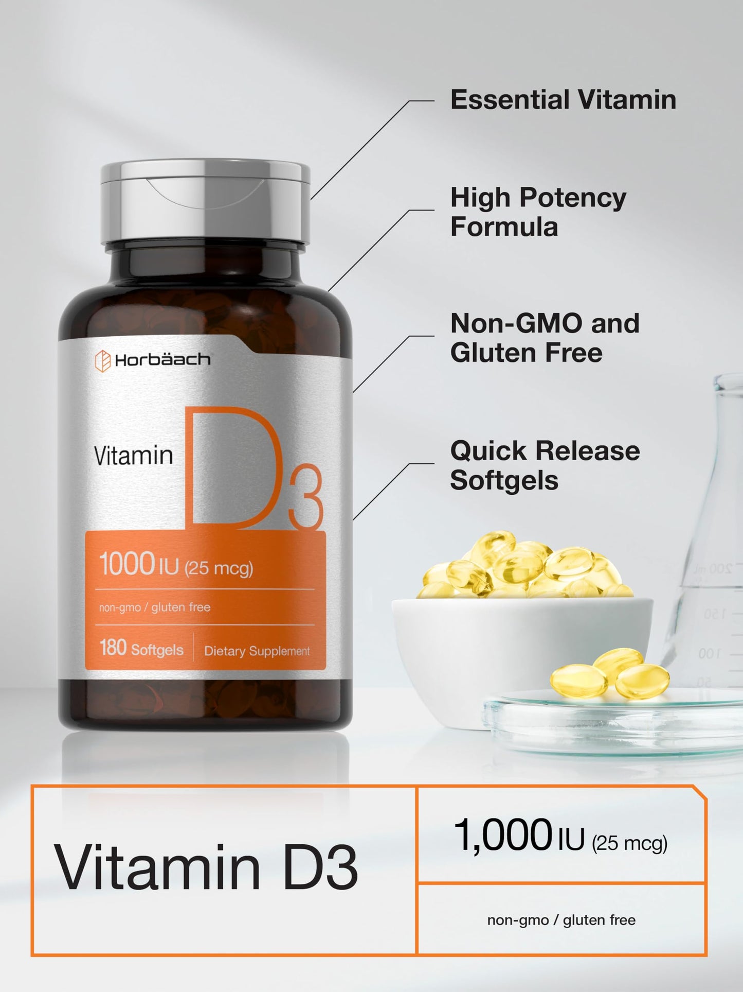 Horbäach Vitamin D3 1000IU (25mcg) Softgels, 180 Count