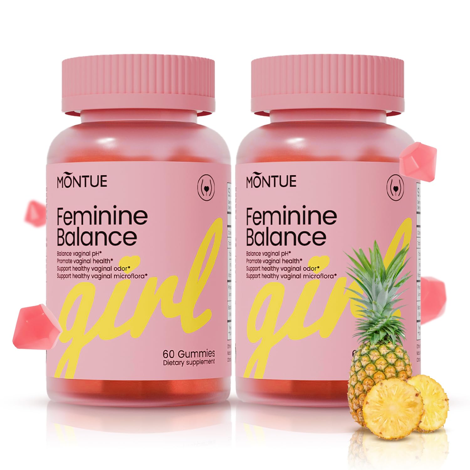 Montue Premium Feminine Balance Gummies with Prebiotics & Lactobacillus Probiotic Blend & Hawaiian Pineapple Immune Support, Vegan & Non-GMO, 120 Gummies