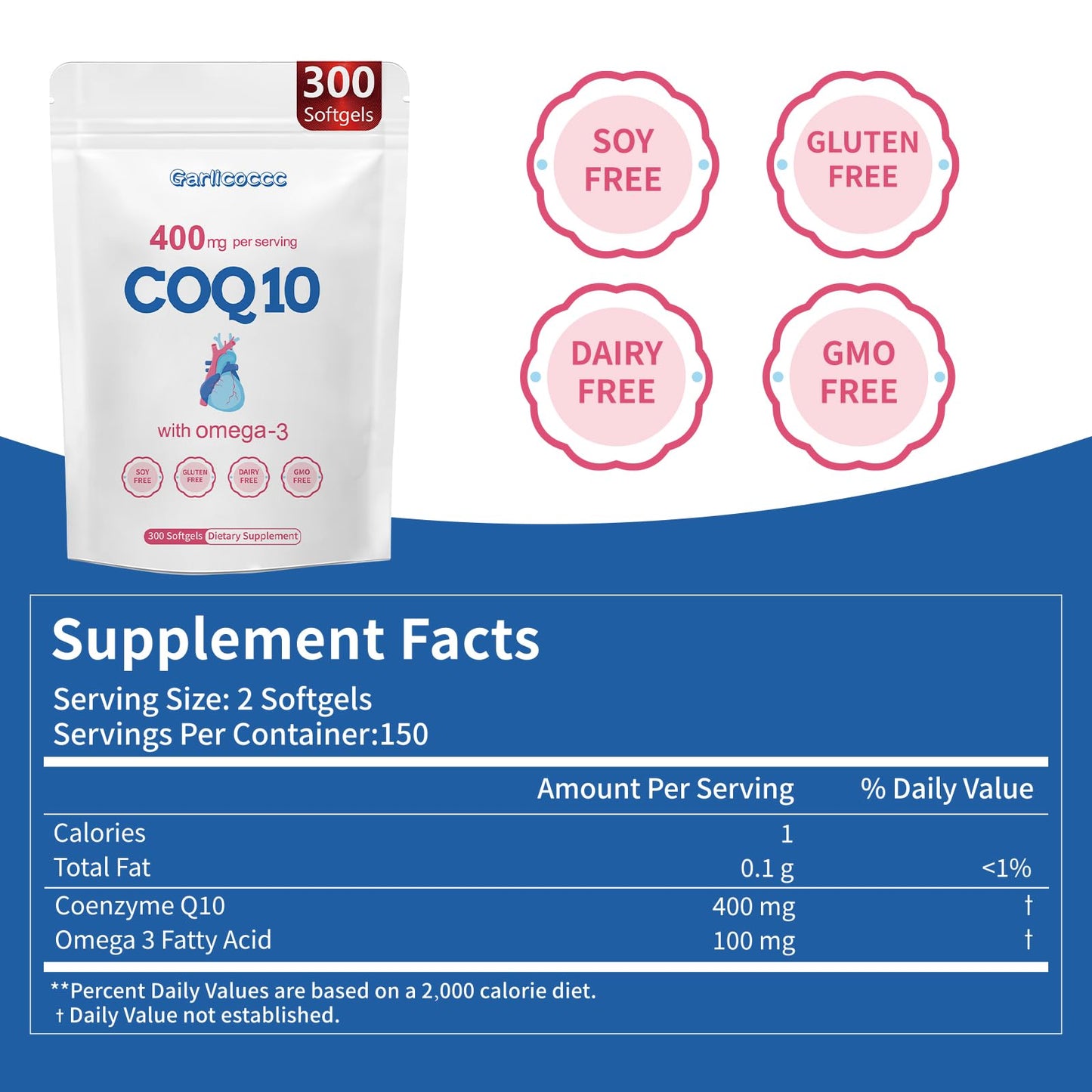 Garlicoccc CoQ10 400mg with Omega 3 Fatty Acids Softgels, 300 Softgels