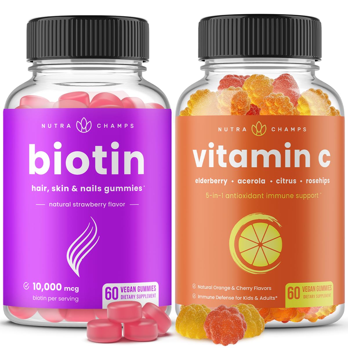 NutraChamps Biotin Gummies and Vitamin C Gummies Bundle, Chewable Gummies, 1 Bundle